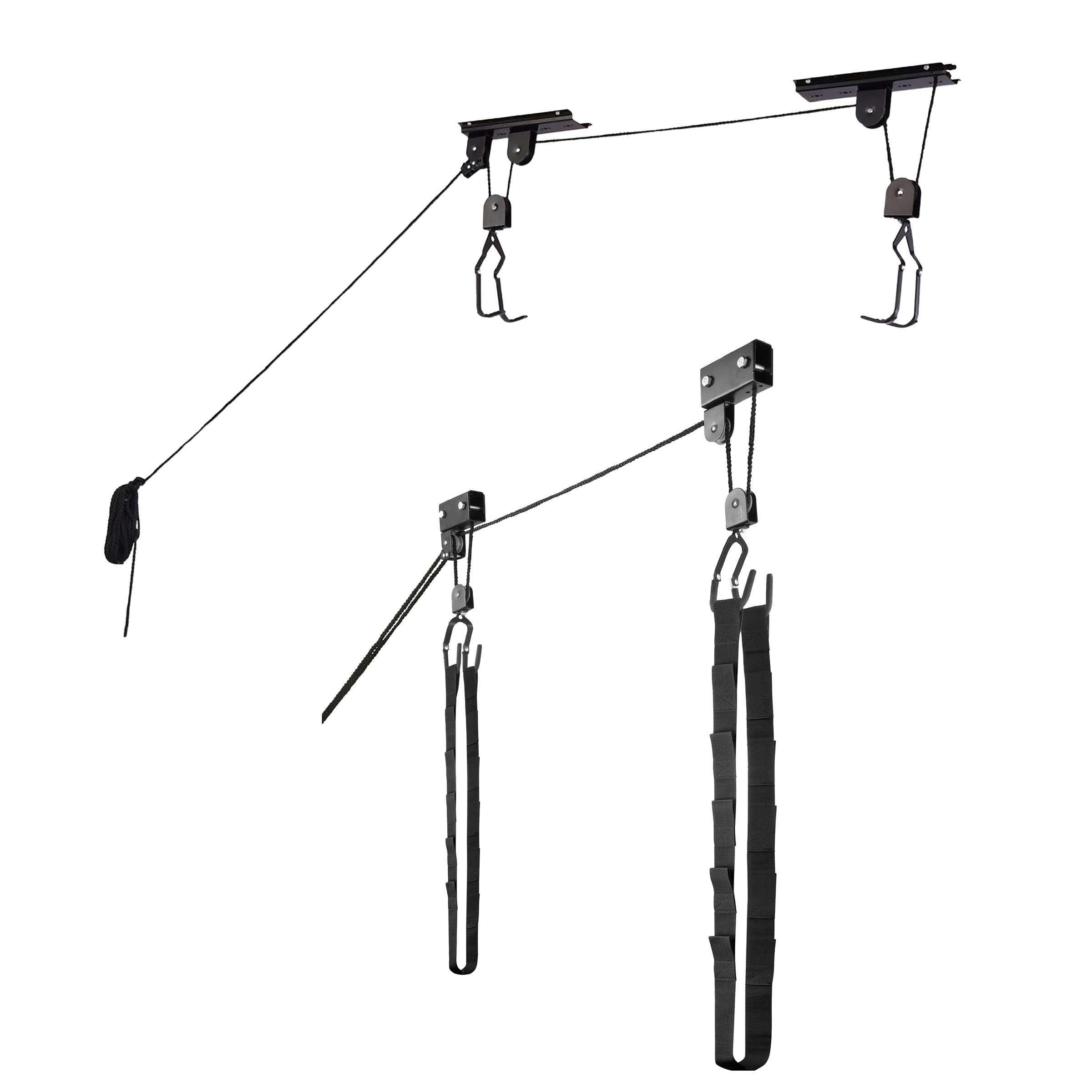 RAD Cycle Garage Hoist Set of 2 - Kayak Pulley & Bike/Ladder Hanger - Heavy Duty Overhead Storage System for Kayaks, Bikes, Ladders (Up to 12-Foot Ceilings) - Perfect for Garage Organization & Space Saving