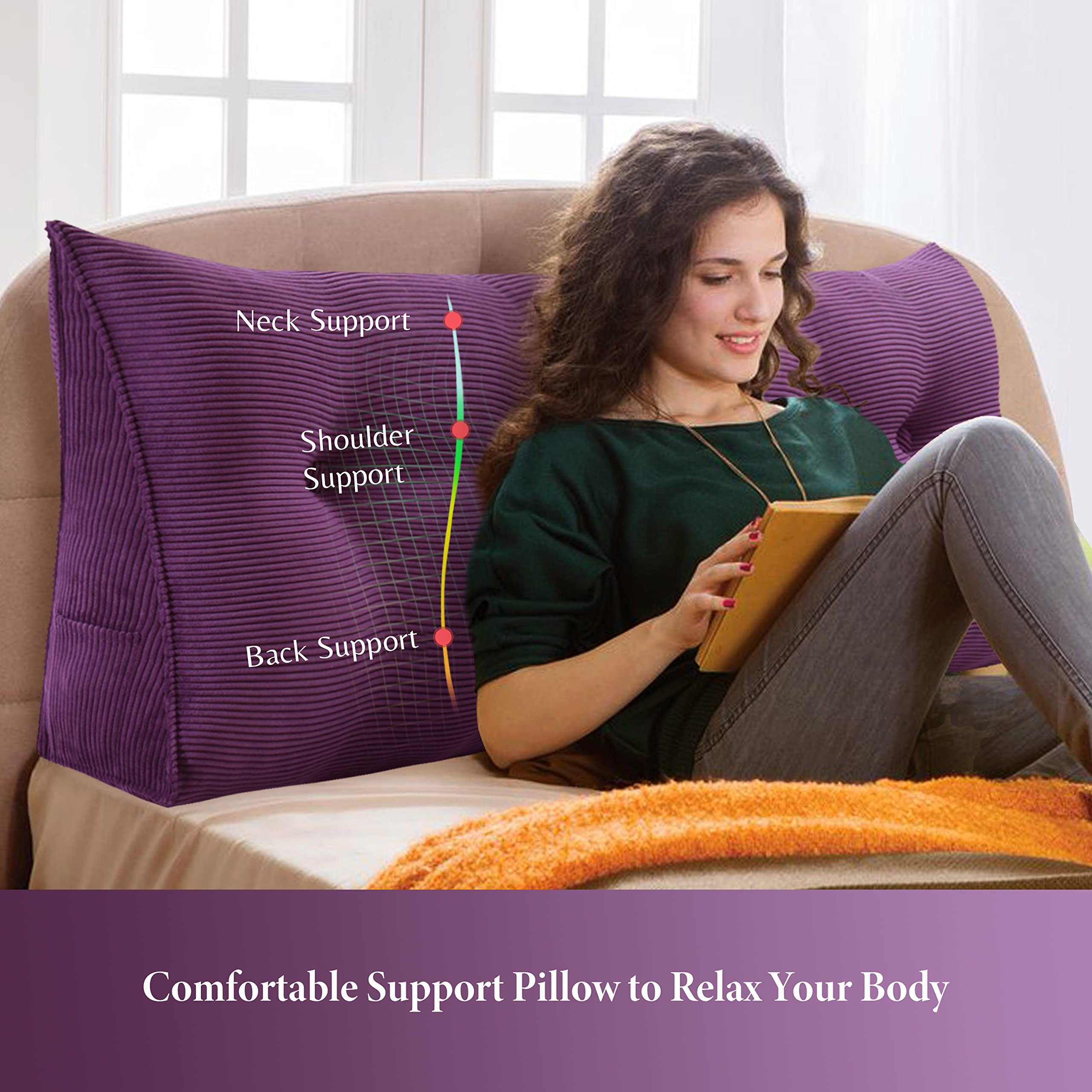 **Purple Wedge Headboard Pillow with Removable Cover - Bed Wedge Pillow for Daybeds, Bolster Support, and Backrest - Perfect for Reading, Relaxing, or Watching TV in Bed**
