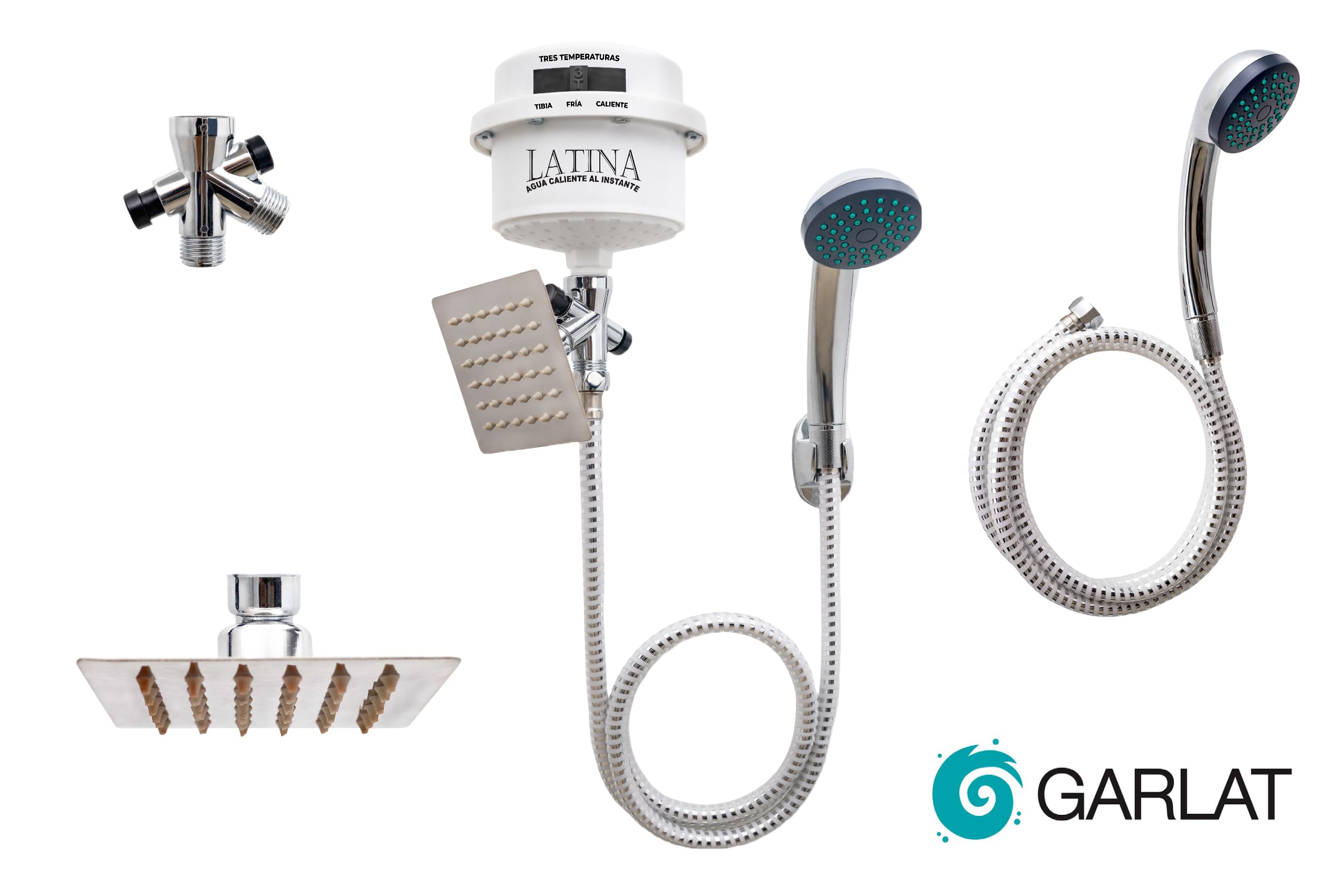 LATINA Tankless Electric Shower Heater with 3-Temperature Settings - Instant Hot Water System with Handheld Shower Head & Square Plate (120V LT13) - Perfect for Bathroom, RV, Camping & Off-Grid Living