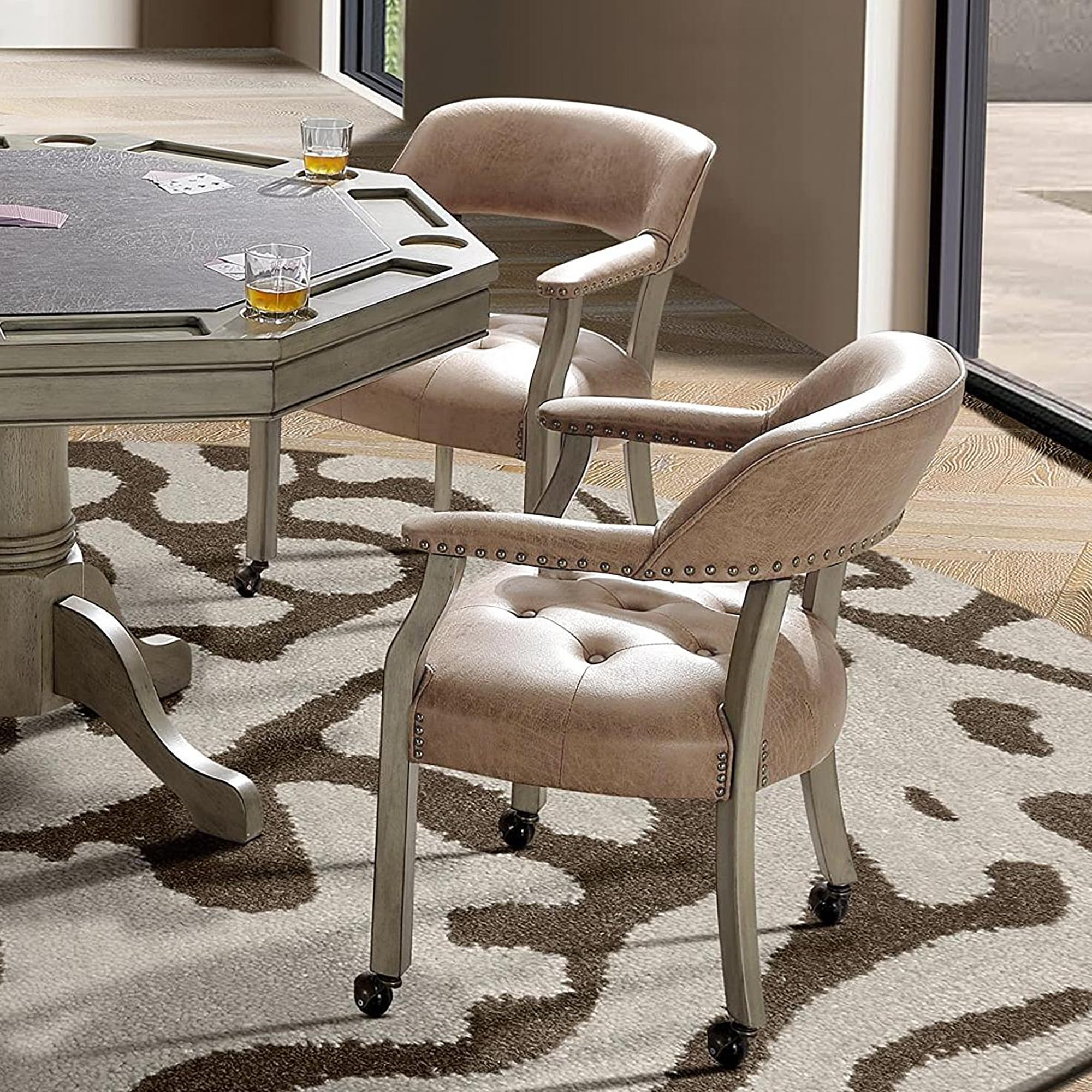 LEEMTORIG Rolling Dining Chairs with Casters & Arms - Grey Legs & Yellowish Brown Wooden Captains Chairs for Kitchen Table, Poker Table, Office & Home Use - SY-1318-LT