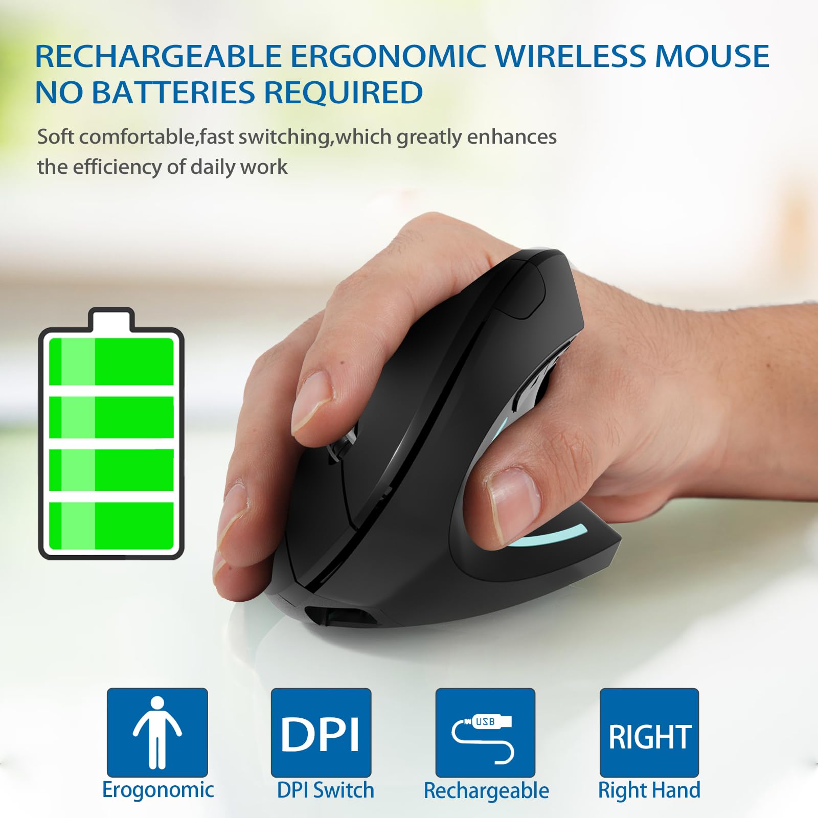 Ergonomic Wireless Mouse - USB 2.4G & Bluetooth Vertical Mouse for Laptop, PC, MacBook, iPad (Black) | Comfortable Computer Mouse for Office Work, Gaming & Long Hours Use