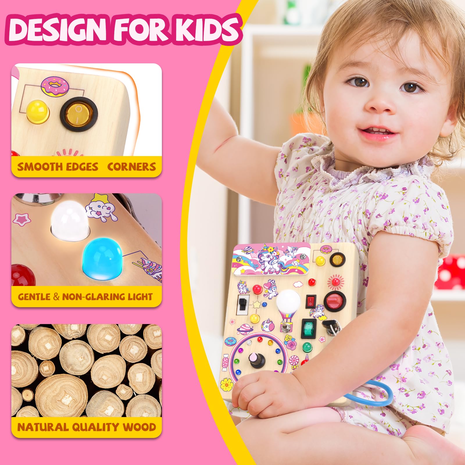 Unicorn Busy Board Plus V2 - Montessori Wooden Sensory Toy for Toddlers Age 1-3 | Travel Learning Activity Board | Perfect Gift for 1+ Year Old Girls & Boys | Ideal for Airplane, Car Rides & Quiet Playtime