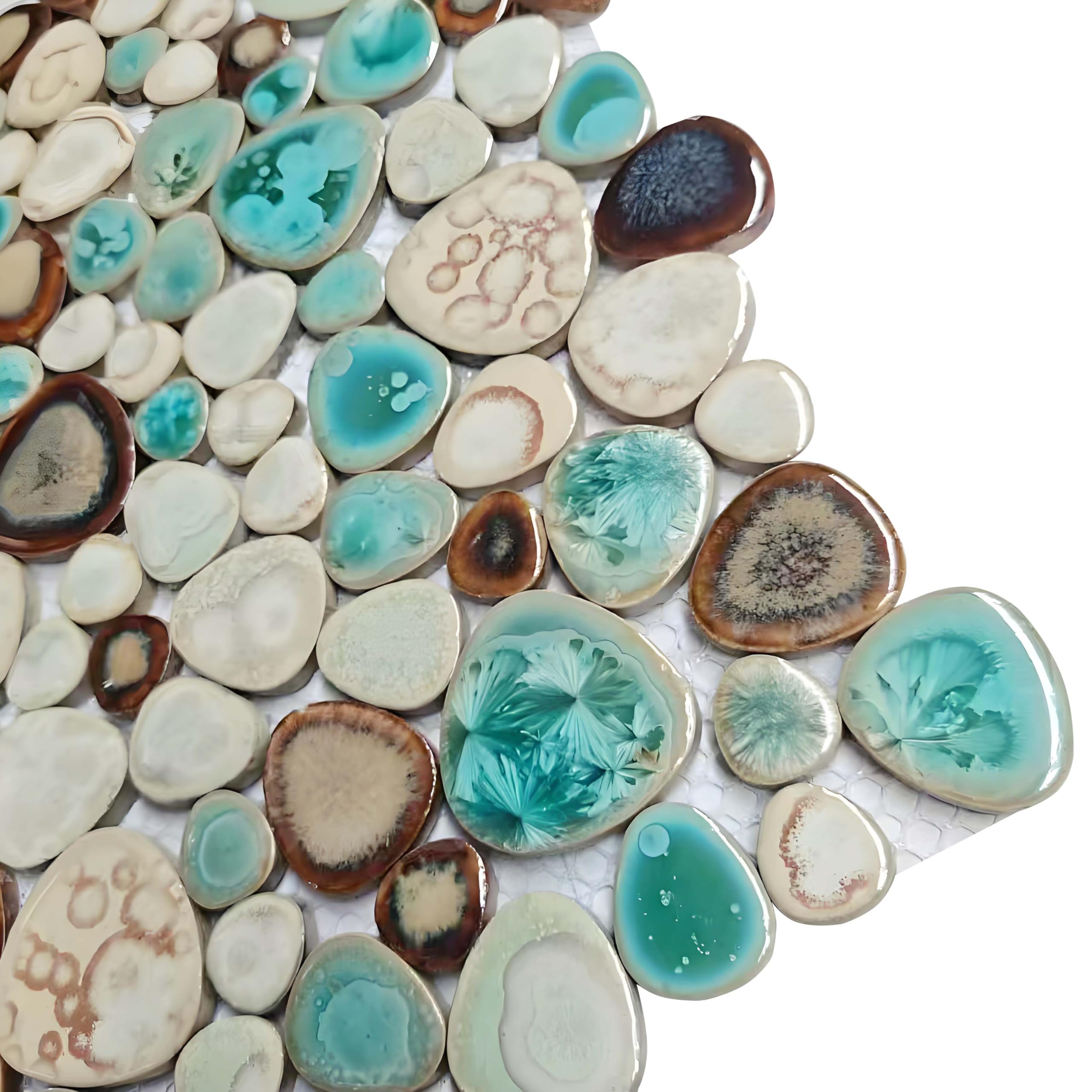 Pebble Porcelain Tile Turquoise Green Cream & Coffee Mosaic - Waterproof Ceramic Floor & Wall Tiles (10 Sq Ft) - Perfect for Kitchen Backsplash, Bathroom Shower, Pool Area & Outdoor Flooring