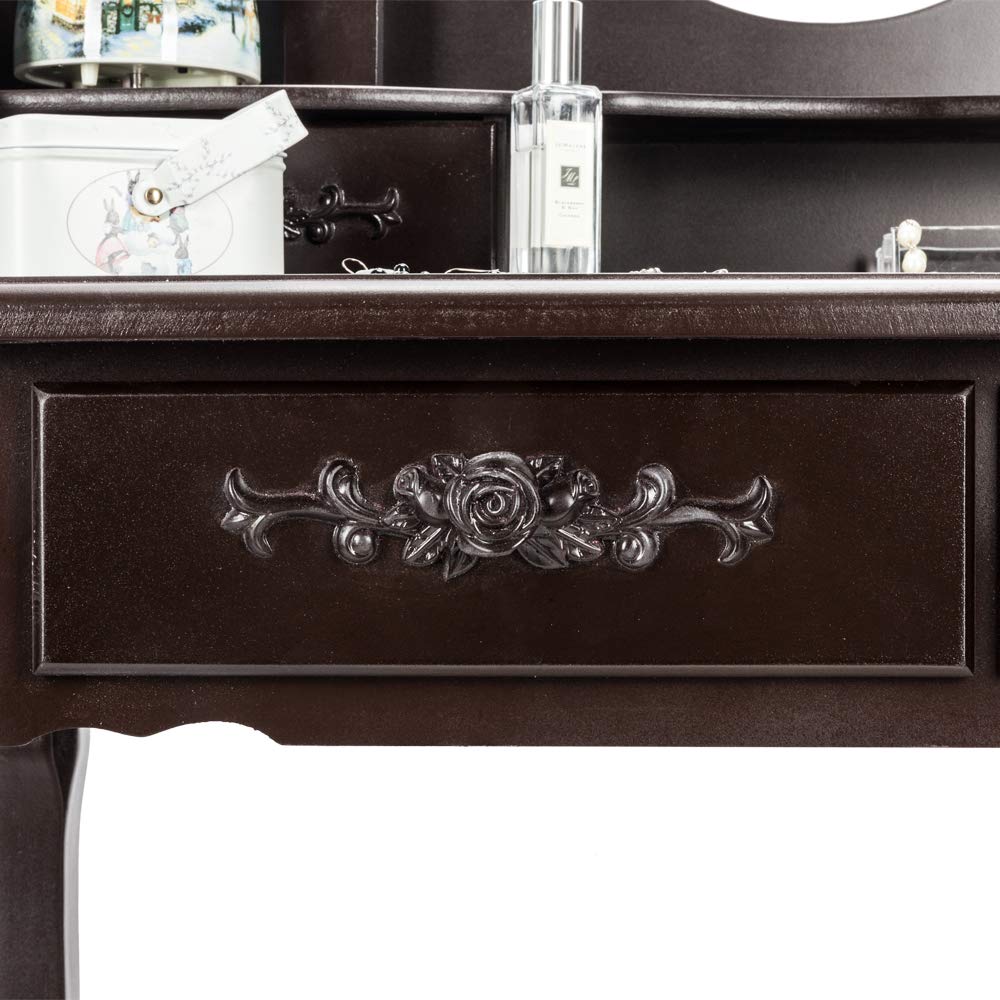 Brown Makeup Vanity Table with Stool & Removable Mirror - 4-Drawer Dressing Table with Cushioned Seat & Organizer - Perfect for Bedroom, Salon, and Bridal Makeup Setup