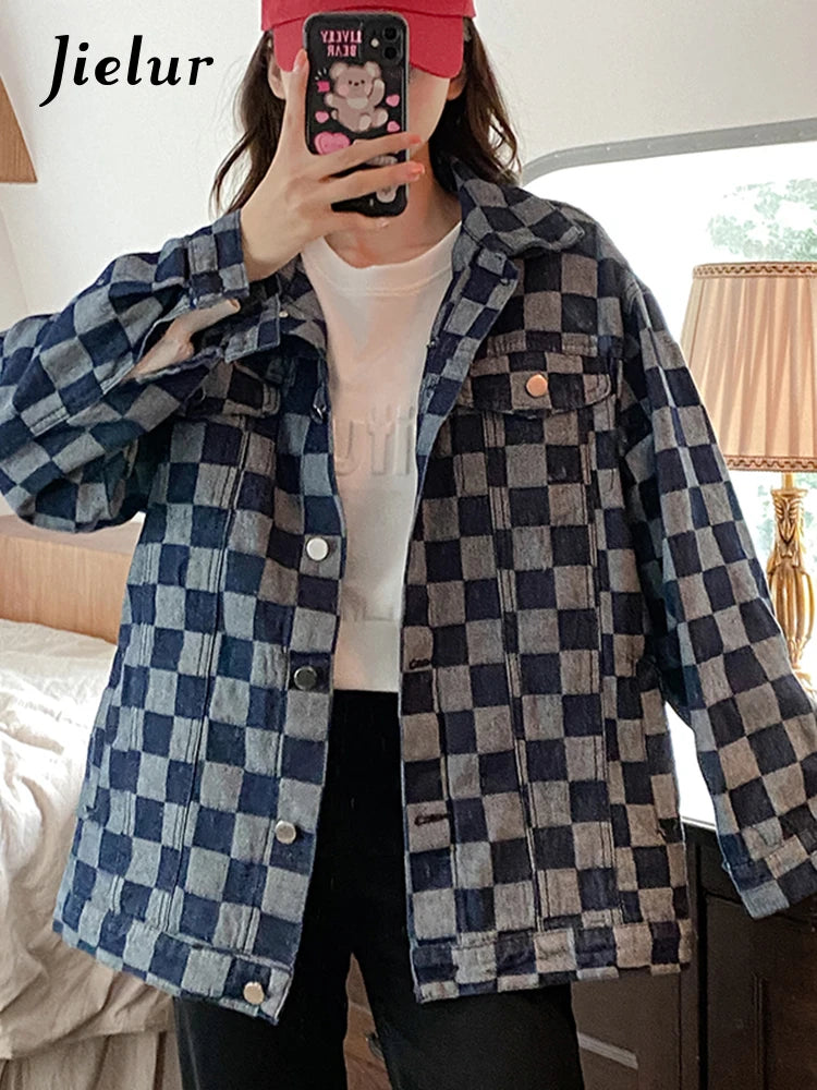 Women's Autumn Black Denim Coat - Korean Style Checkerboard Print Casual Loose Fit Retro Blue Jacket | High Street Fashion for Fall Outfits, Date Nights & Streetwear Looks