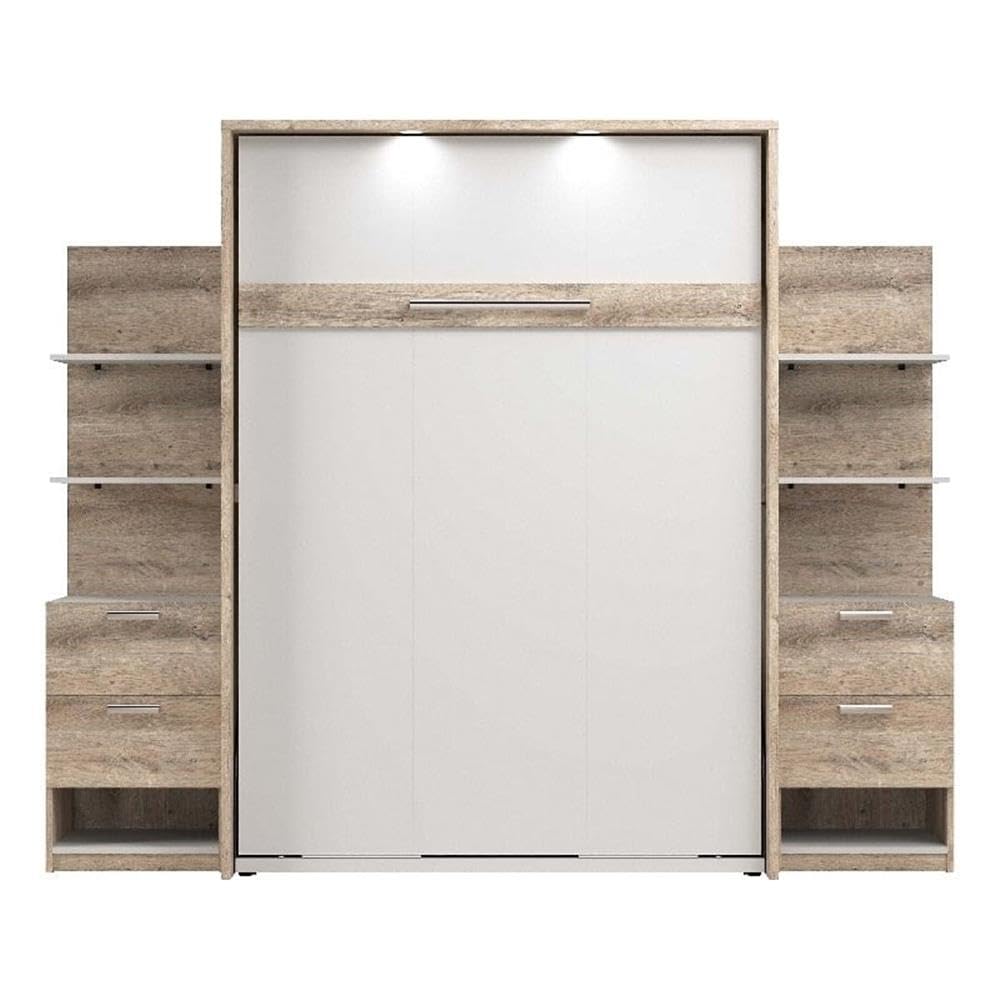 Modern Wood Full Murphy Bed with Nightstands - Rustic Brown & White Finish | Space-Saving Wall Bed for Small Apartments, Guest Rooms & Home Offices