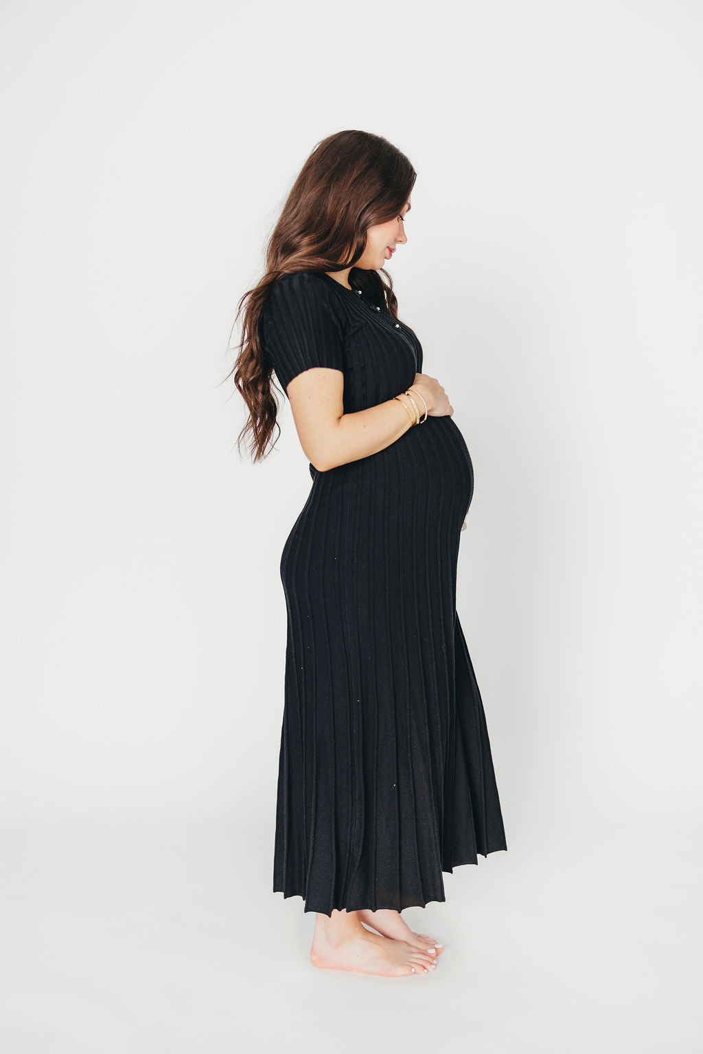 Winnie Front Bow Button Knit Midi Dress in Black | Bump Friendly Maternity Dress | Perfect for Pregnancy, Nursing & Special Occasions