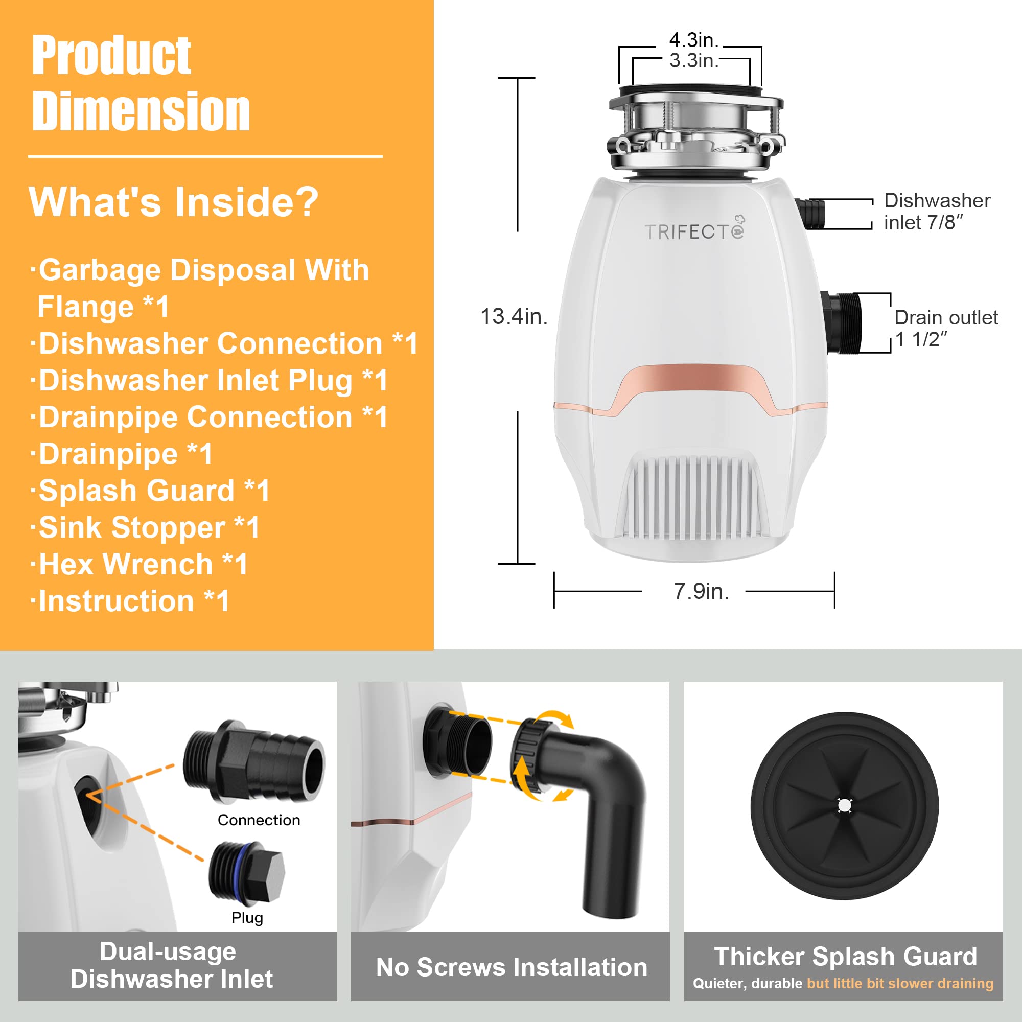 Trifecta 3/4 HP Quiet Garbage Disposal with Sound Reduction Technology - Continuous Feed Food Waste Disposer, 3800 RPM, Includes Power Cord & Dishwasher Hookup (White) - Perfect for Kitchen Sink Waste Management & Dishwasher Drainage