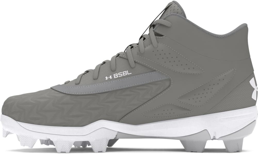 UA Youth Leadoff Mid RM 3.0 Grey Baseball Cleats - Lightweight & Durable Cleats for Kids - Perfect for Baseball Games, Training & Field Sports (Model 3027454-100)