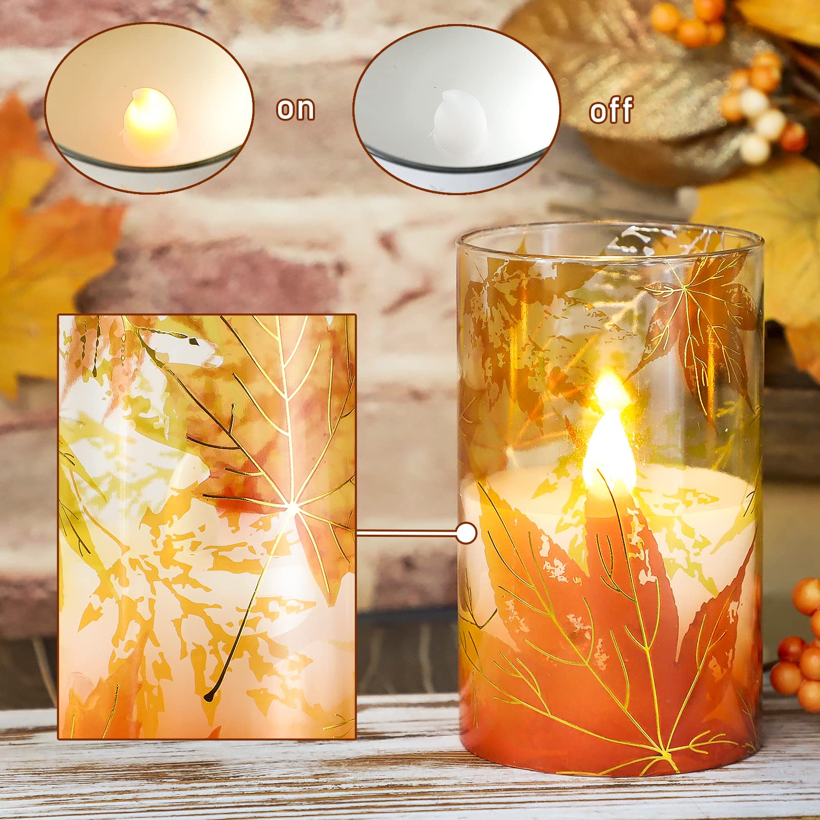 Realistic Flameless LED Candles with Remote & Timer - Battery Operated Maple Leaf Glass Pillar Candles for Fall Decor, Thanksgiving, Halloween - Perfect for Home, Dining Table, Fireplace & Seasonal Centerpieces