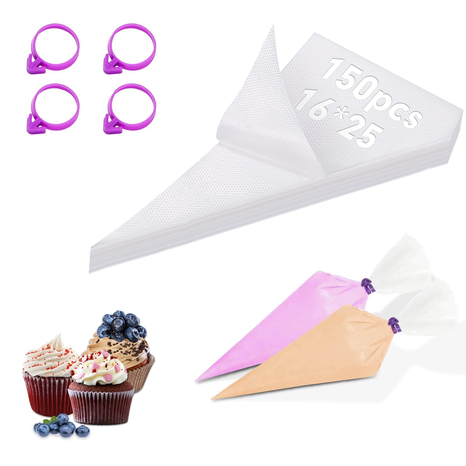 Ziamzra 150 Pack Small Disposable Piping Bags - Transparent Professional Cake Decorating Bags with 4 Silicone Clips (25x16cm) for Cupcakes, Cakes, Cookies & Desserts | Perfect for Home Baking, Party Decorations & Professional Pastry Chefs