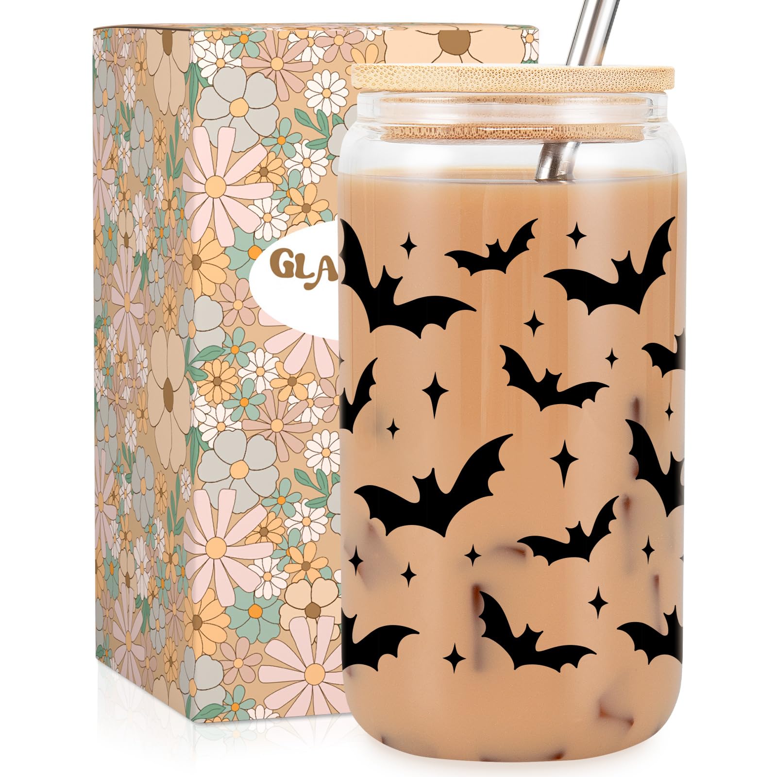 Halloween Bat Tumbler - 16 oz Gothic Glass Cup for Iced Coffee, Spooky Gift for Bat Lovers & Goth Girls - Perfect for Halloween Parties, Boo Baskets, and Gothic Home Decor
