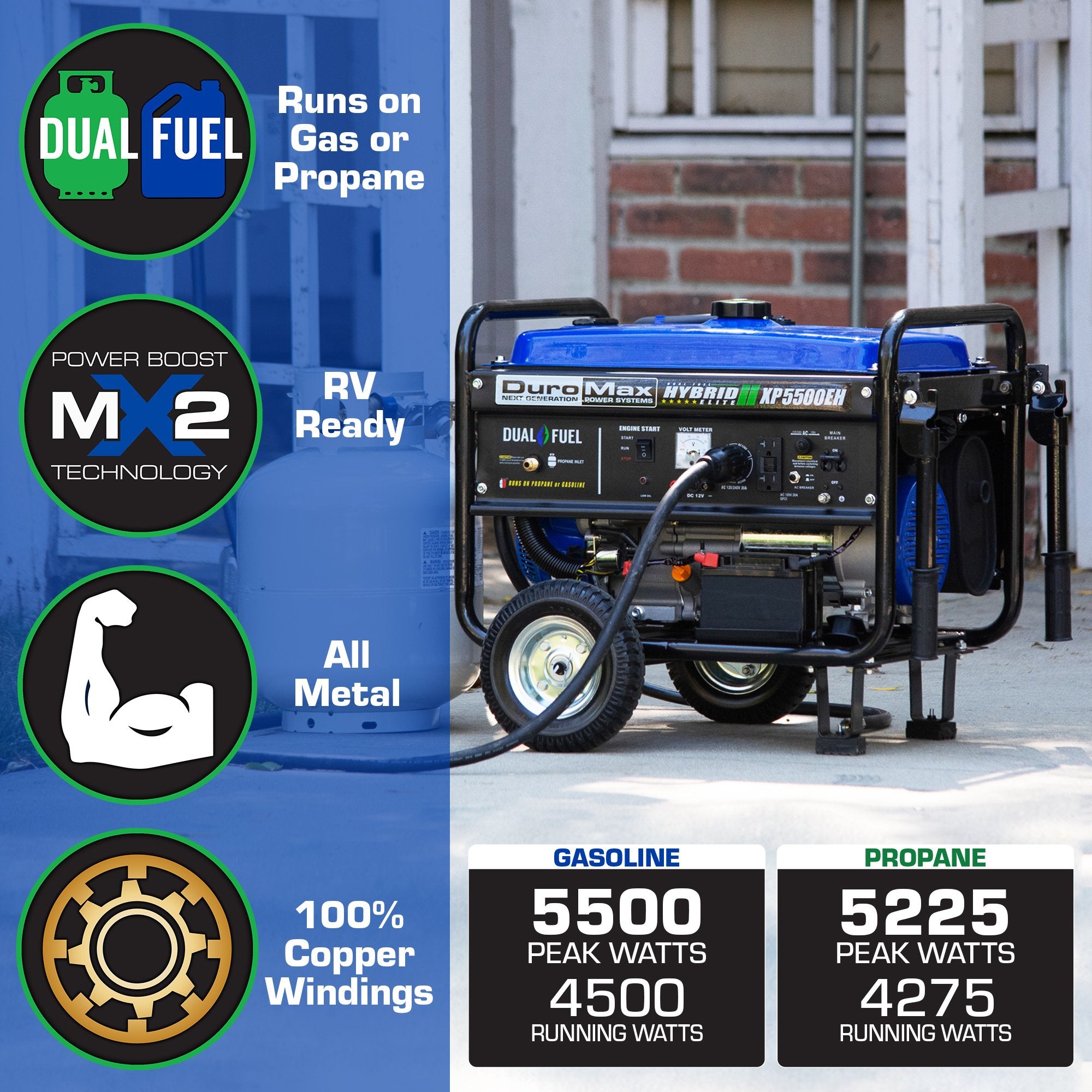 DuroMax XP5500EH 5500W Dual Fuel Portable Generator with Electric Start - Gas & Propane Powered for Camping, RV, Home Backup Power & Emergency Use