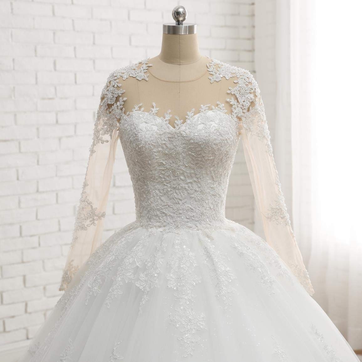 Elegant Long Sleeve A-Line Bridal Gown with Beaded Lace Detailing - Ivory Plus Size Wedding Dress with Train (20+) | Perfect for Beach Weddings, Formal Ceremonies & Romantic Photos