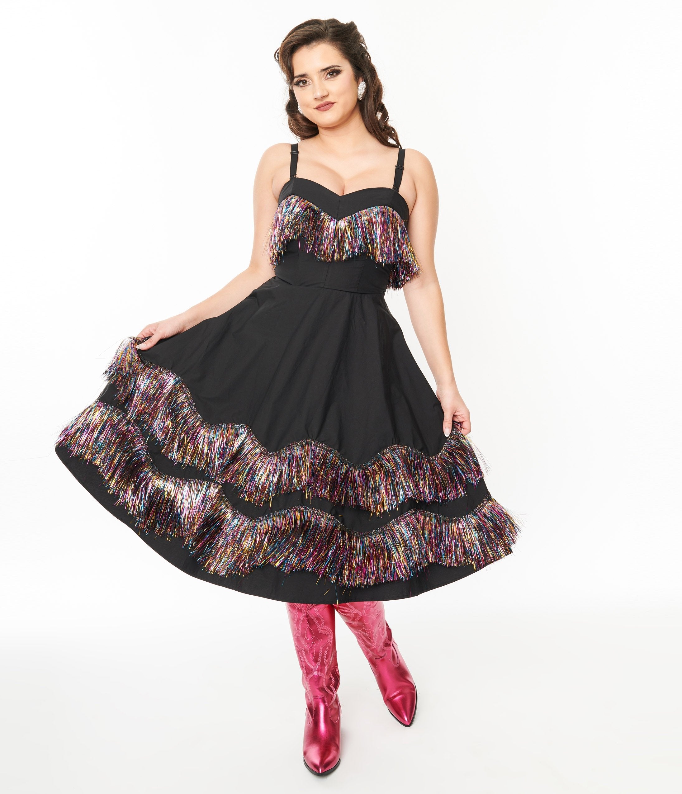 Vintage Black & Rainbow Fringe Swing Dress for Women - Retro 50s Style Party Outfit for Dancing, Date Night & Special Occasions
