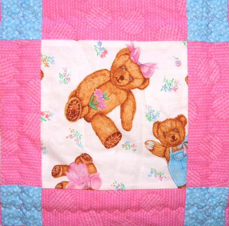 Soft Pink & Blue Teddy Bear Quilt for Baby Girls | Cozy Nursery Blanket | Perfect for Cribs, Strollers & Baby Showers
