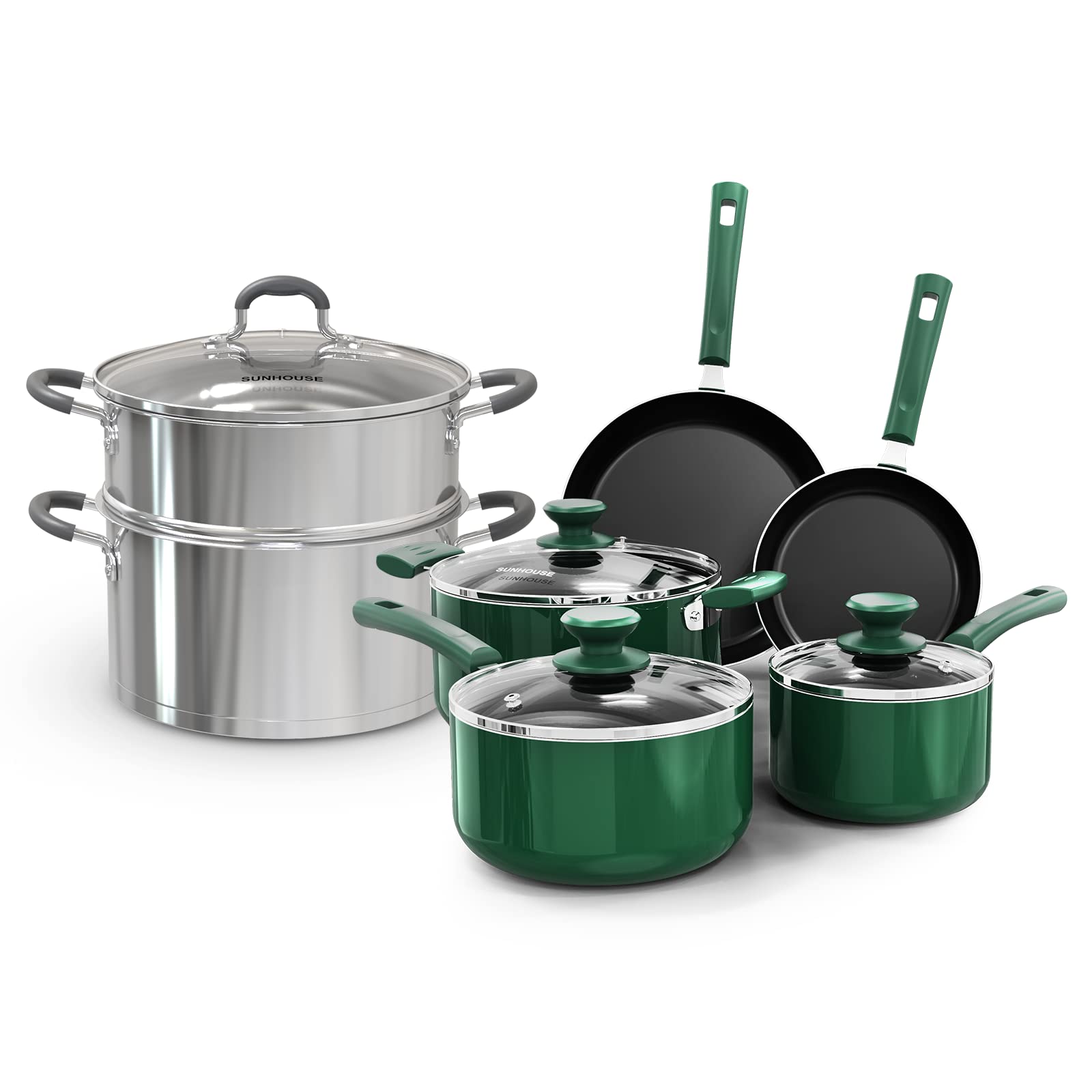 SUNHOUSE 5.5 Quart Stainless Steel Stock Pot with Steamer - 18/10 Nonstick Cookware Set (8-Piece) PFOA Free, PFAS Free & Lead Free - Perfect for Boiling, Steaming & Cooking Soups, Pasta & Vegetables