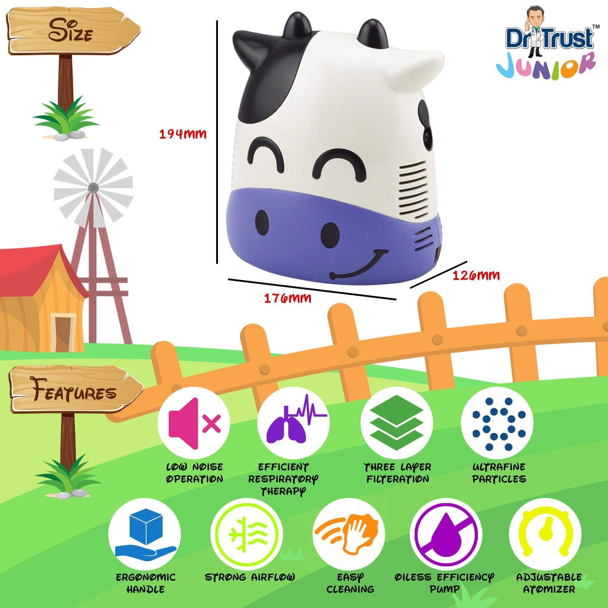Dr Trust USA Junior Compressor Nebulizer for Kids - Cute Cow Design, Portable & Quiet Breathing Treatment Machine for Asthma, Allergies & Cold Relief - Perfect for Home, Travel & Pediatric Use