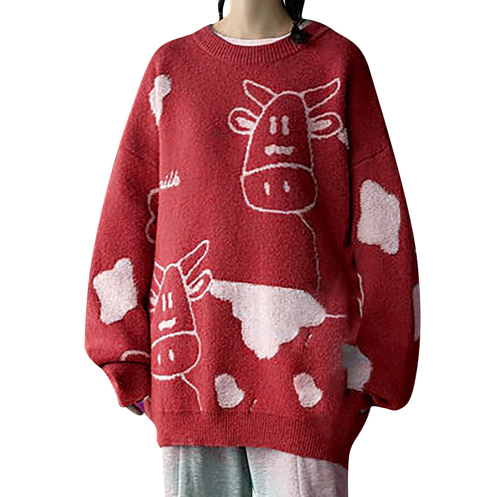 Women's Cartoon Cow Graphic Knitted Sweater - Casual Loose Pullover Tunic, Oversized Jumper for Everyday Wear | Cozy Winter Fashion & Cute Outfit Essential
