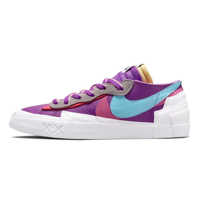 KAWS x Nike x Sacai Blazer Low Sneakers - Purple Dusk, Lagoon & Pulse White Colorway | Limited Edition Collab Shoes for Streetwear & Sneaker Collectors