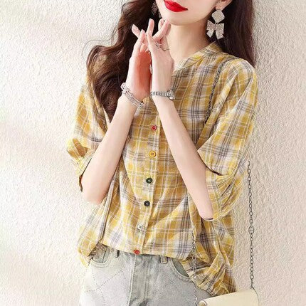 Women's Plaid Short Sleeve Cotton Shirt - Summer Thin Drawstring Casual Top for Outdoor Activities, Travel & Daily Wear