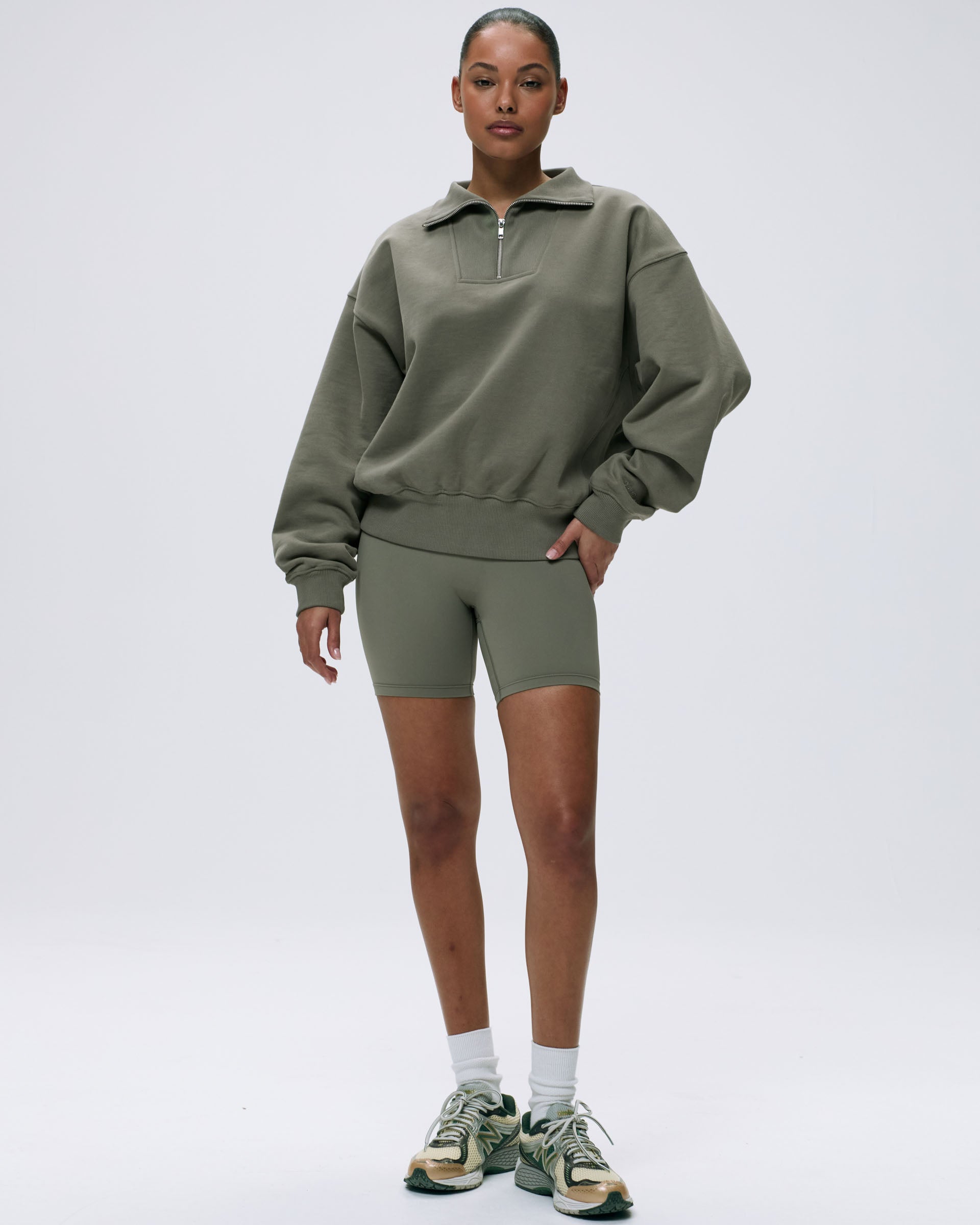 Relaxed Funnel Neck Zip Sweatshirt for Women - Olive Green Pullover Hoodie | Cozy Casual Wear for Fall & Winter, Lounge, Travel & Outdoor Activities