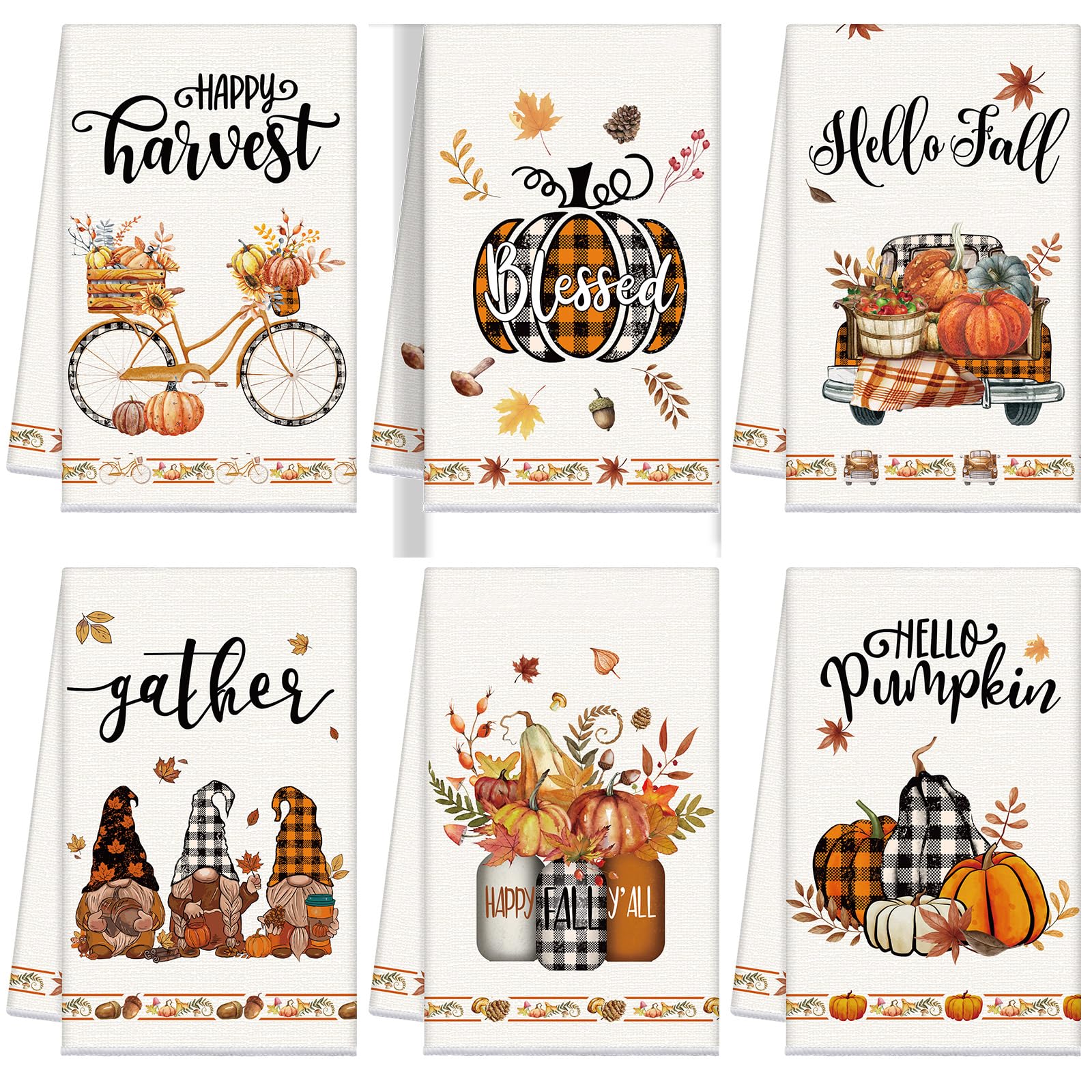 6-Piece Happy Fall Kitchen Towel Set - Thanksgiving Pumpkin & Autumn Harvest Dish Towels - Farmhouse Cotton Tea Towels with Truck, Gnomes & Bikers Design - Perfect for Farmhouse, Home Kitchen & Fall Decorations