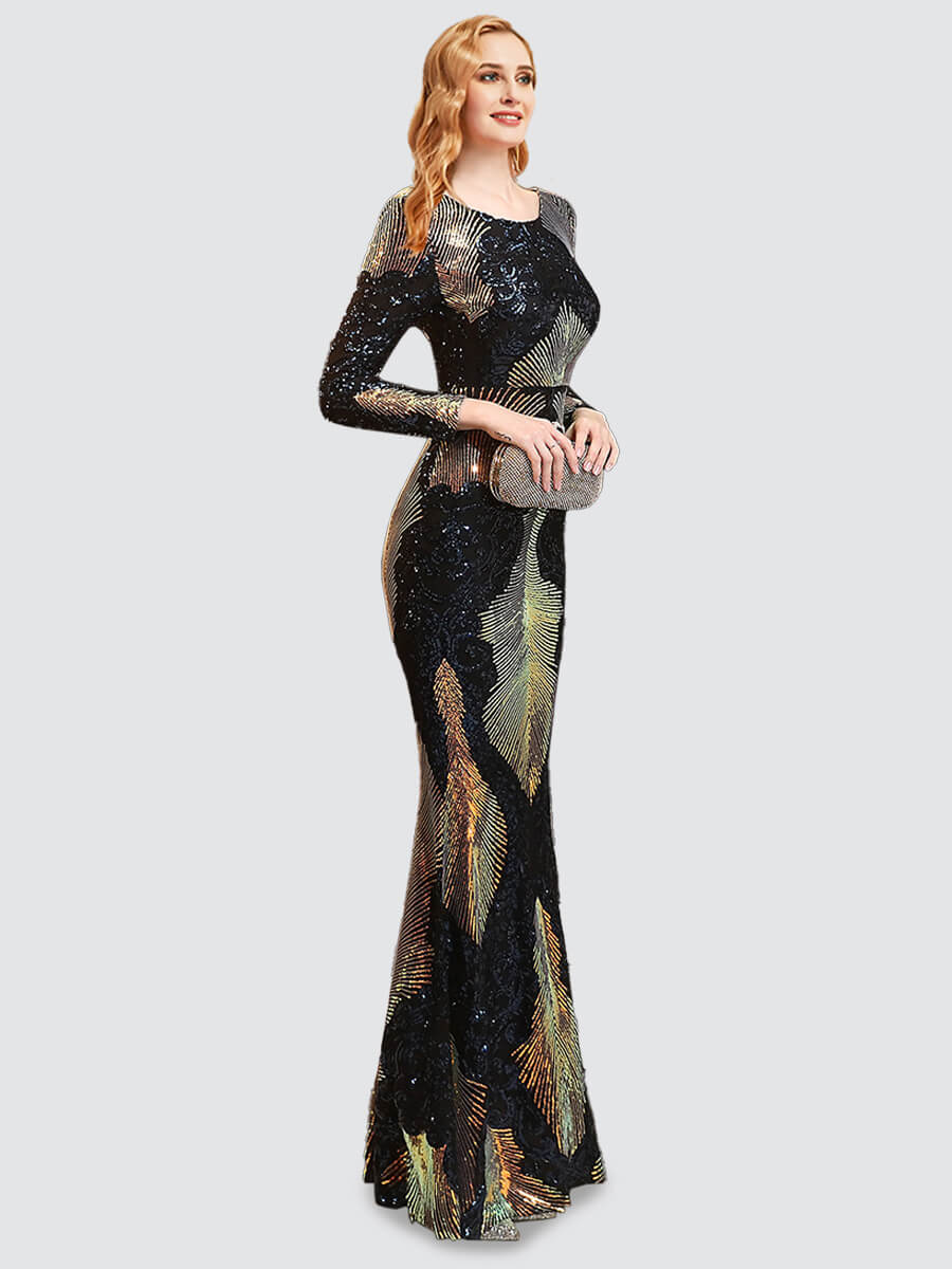 Elegant Dark Navy Backless Long Sleeve Sequin Maxi Mermaid Evening Gown for Women | Formal Prom, Wedding Guest & Special Occasion Dresses