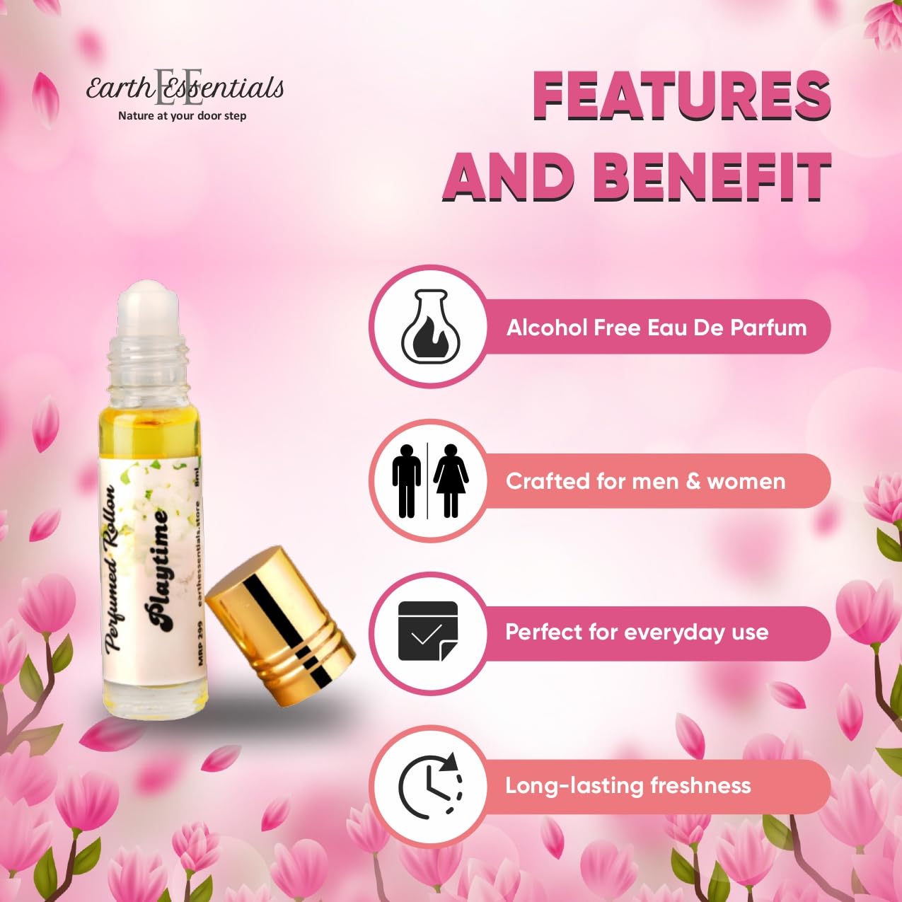 Earth Essentials Playtime Natural Roll-On Body Perfume - Jasmine & Tuberose Scent for Men & Women | Long-Lasting Attar Fragrance (8ml) | Perfect for Daily Wear, Date Nights & Special Occasions