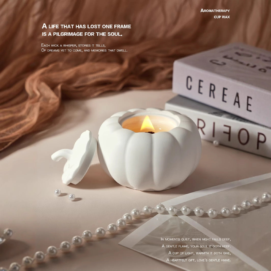 English Pear & Freesia Scented Ceramic Pumpkin Candle with Lid - Fall Home Decor, Thanksgiving Gift, Cozy Autumn Ambiance for Living Room & Dining Table