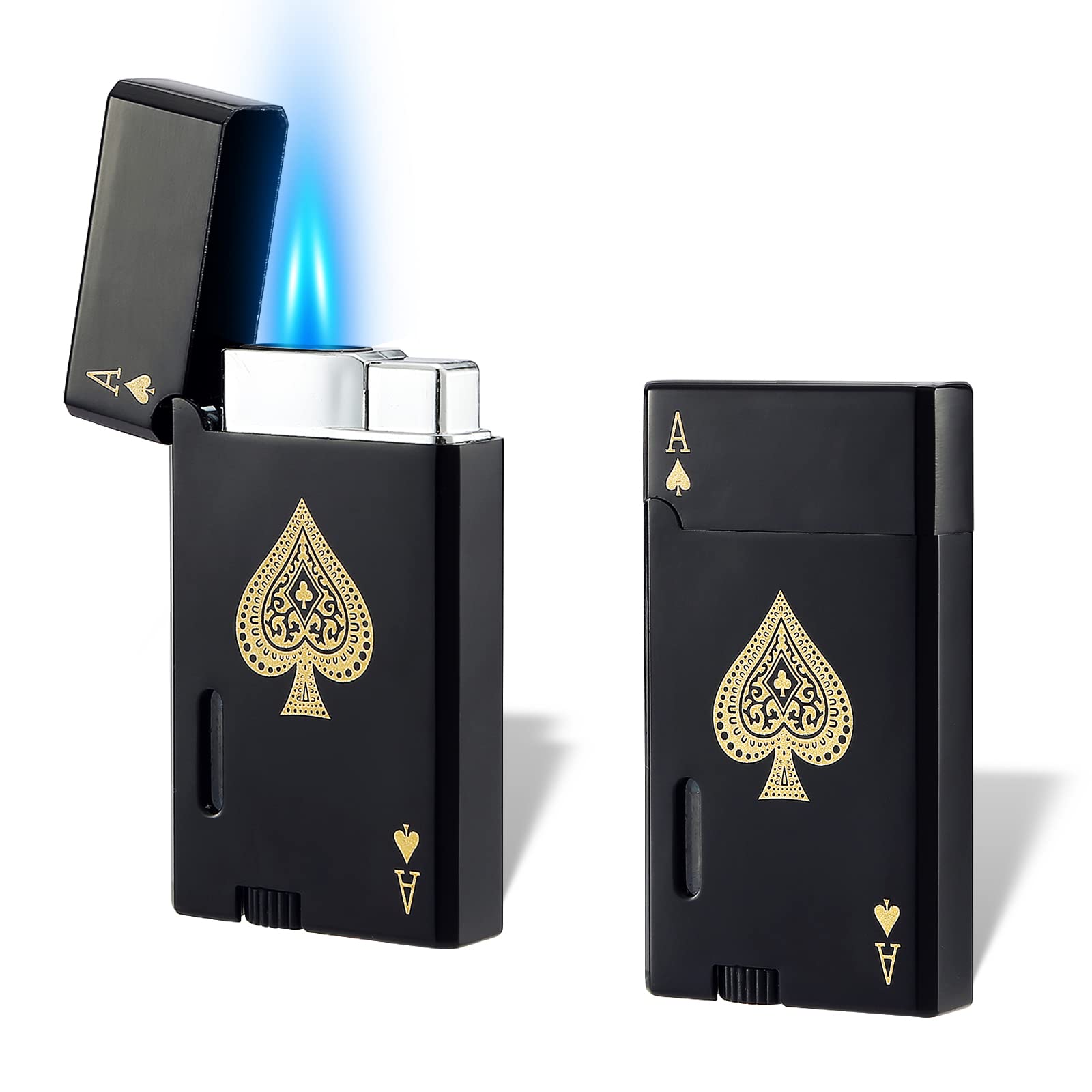 Yeuligo 2 Pack Double Flame Butane Torch Lighter Refillable - Adjustable Jet Flame with Visible Fuel Window - Classic Pocket Lighter for Men & Women (Ace Black) - Perfect for Cigars, Candles, Camping & Outdoor Use
