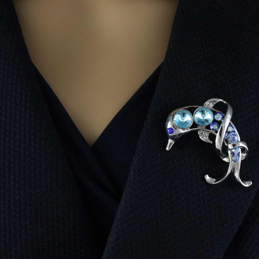 Dolphin Brooch Pin with Blue Crystals for Women's Fashion