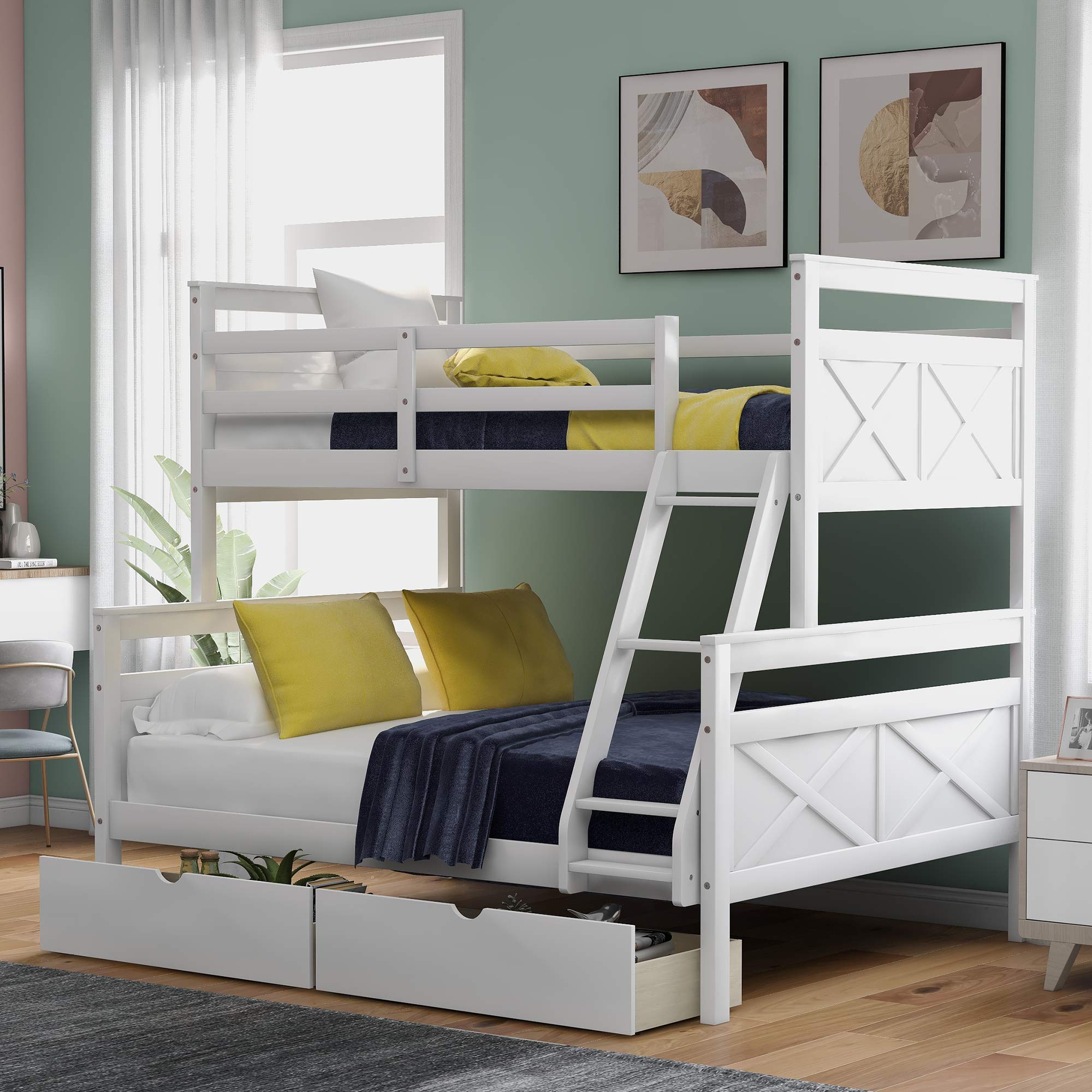 Twin Over Full Loft Bed with Ladder - Sturdy Wooden Bunk Bed with 2 Storage Drawers & Safety Guardrail - White Space-Saving Kids Bedroom Furniture for Small Rooms & Dorm Rooms