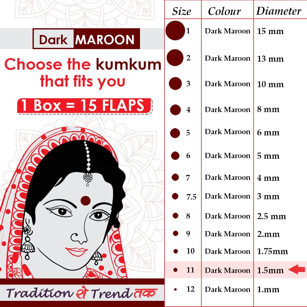 PERPAA Kumkum Dark Maroon Round Bindi Stickers for Women - 11 Pack (1.5mm Diameter) - Traditional Indian Forehead Decoration for Weddings, Festivals & Daily Wear