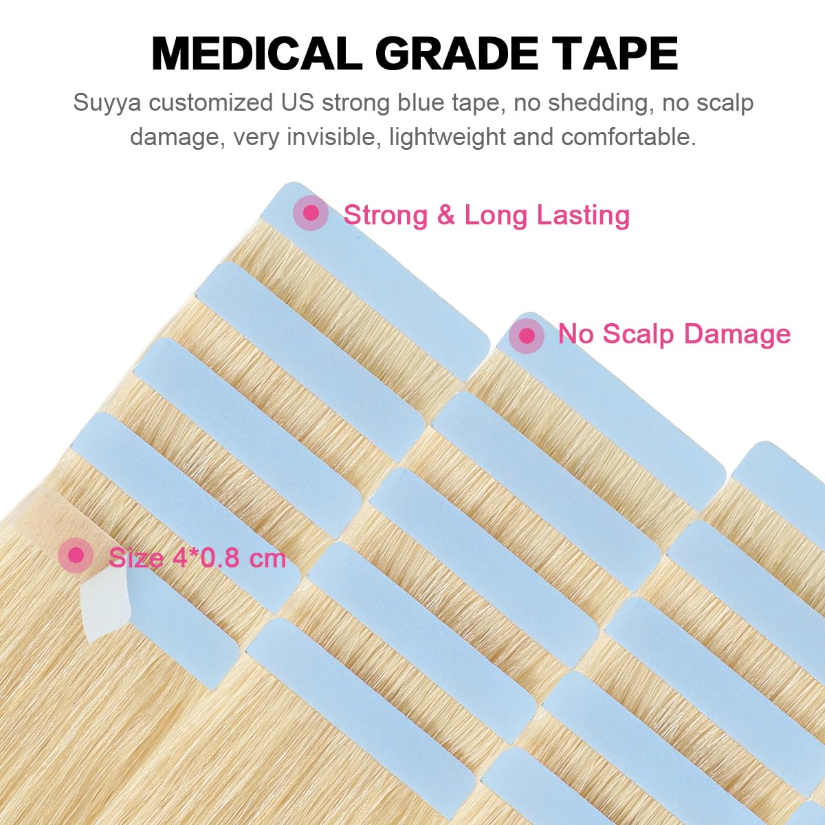 SUYYA 28 Inch Bleach Blonde Tape-in Hair Extensions - 60g/pack 20pcs Real Human Hair, Straight Seamless Skin Weft (#613) | Perfect for Parties, Weddings & Daily Styling