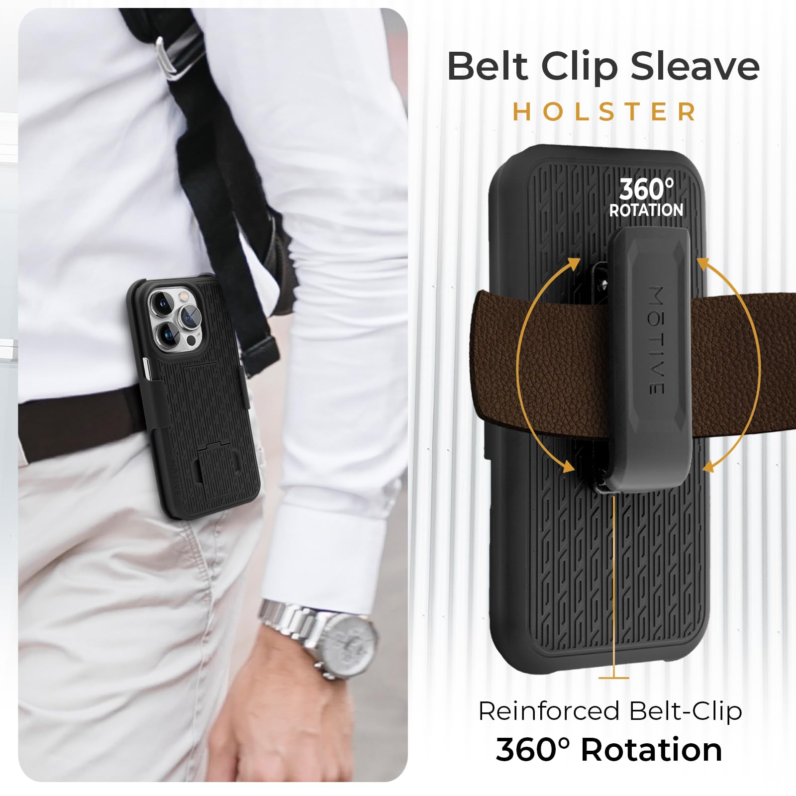 **MOTIVE Rugged iPhone 15 Pro Max Case with Belt Clip & Kickstand – Slim Shockproof Protective Cover for 6.7