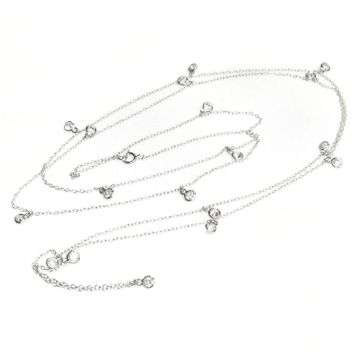 Sterling Silver Round Clear Cubic Zirconia Link Chain Necklace - 40 Inch Elegant Layered Necklace for Women, Perfect for Weddings, Parties & Everyday Wear