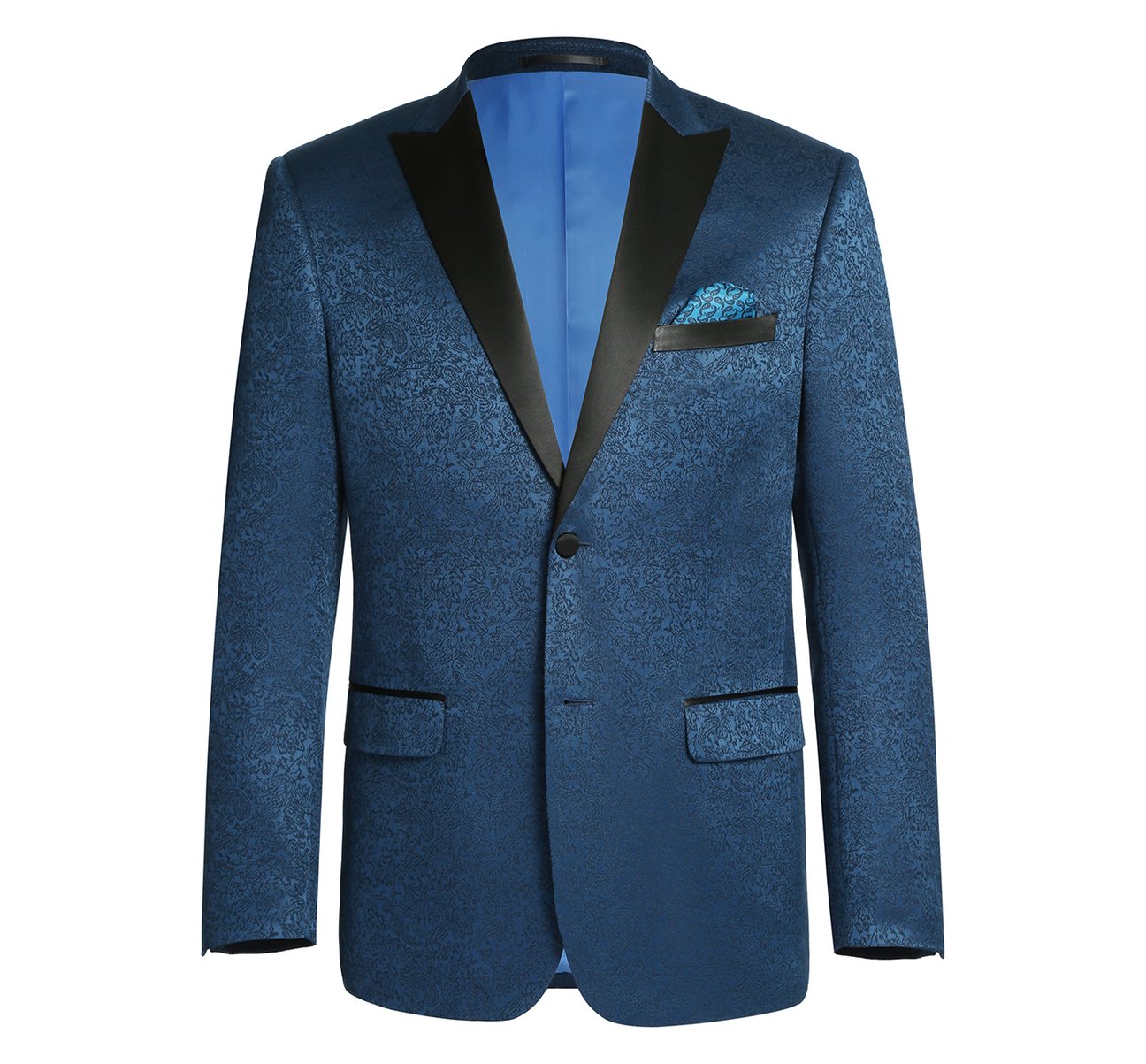 Alessandro Vitello by Renoir Dark Blue Slim Fit Peak Lapel Tuxedo Blazer with Embroidered Pattern - Formal Menswear for Weddings, Galas & Evening Events (Size 290-4)