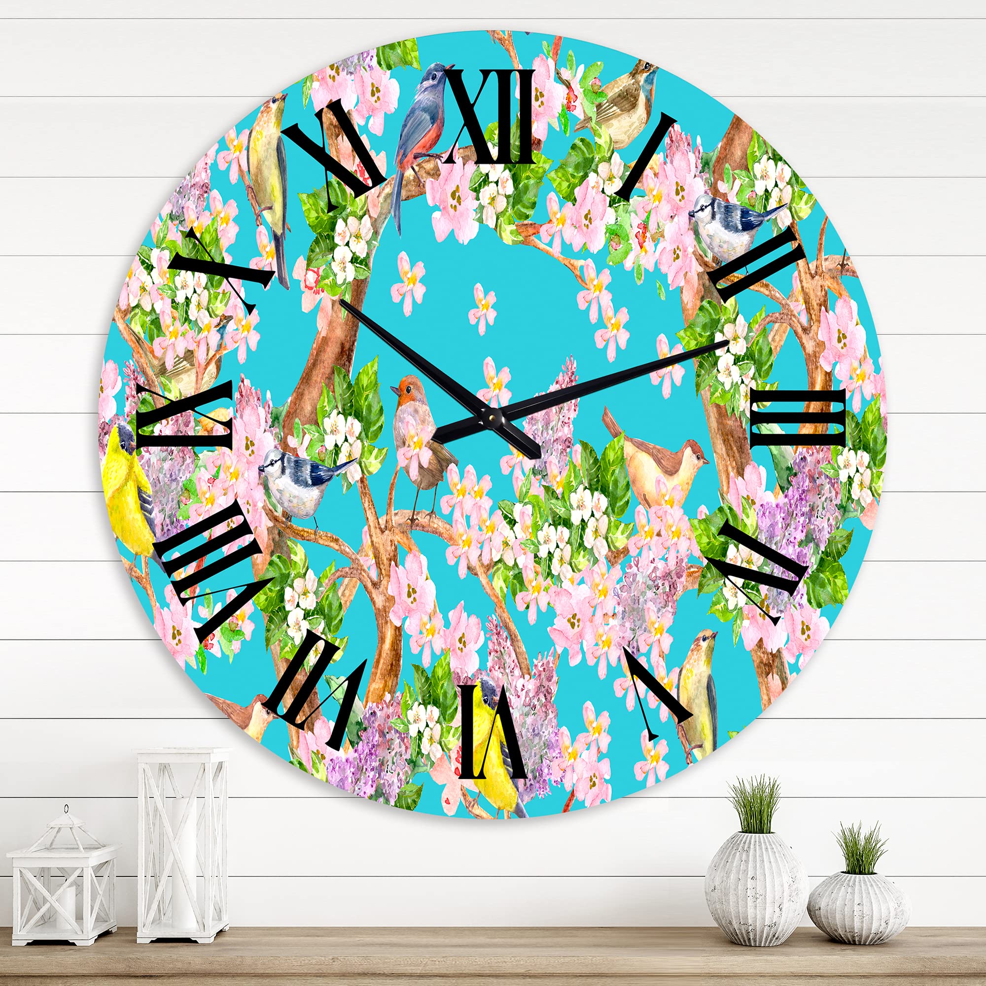 DesignQ Traditional Wall Clock - Little Birds Sitting on Spring Branch, Large Decorative Clock for Home, Office, Living Room | Perfect for Wall Decor, Gift Idea, Farmhouse & Vintage Style Interiors