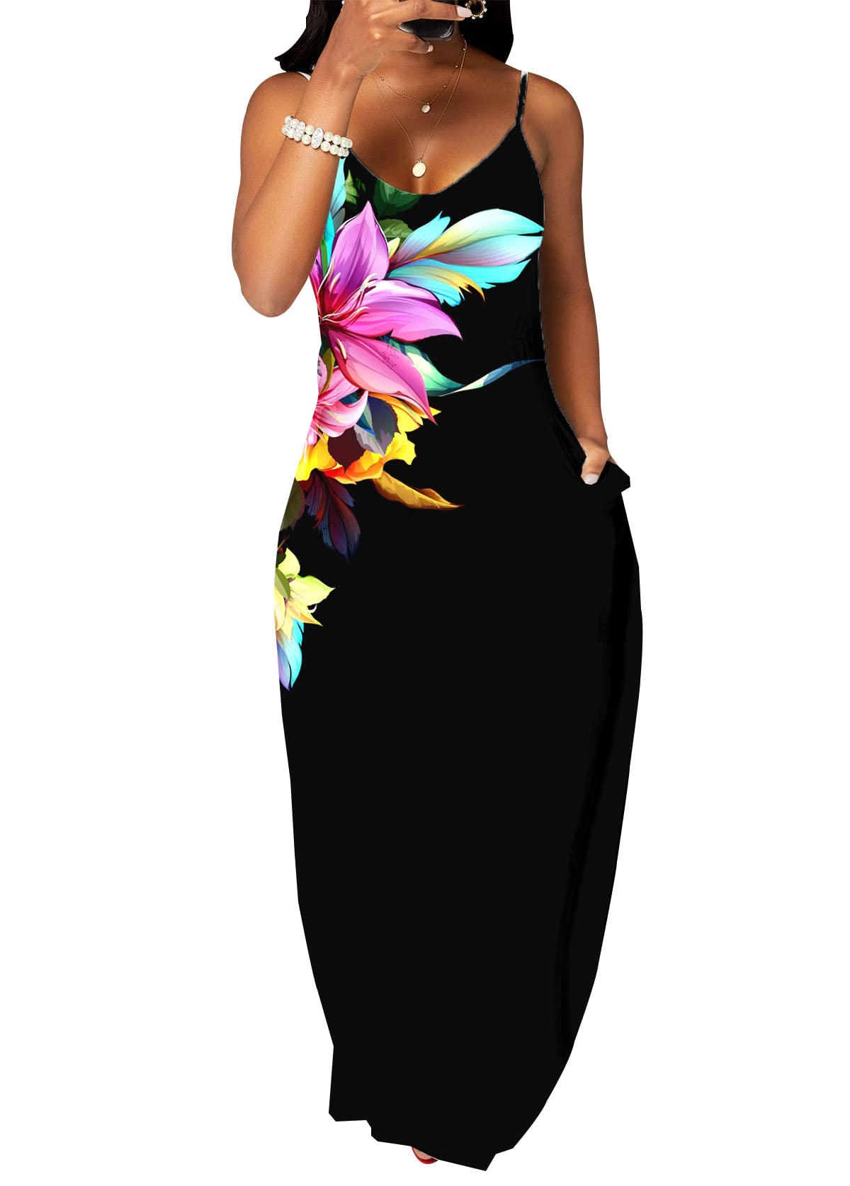 2023 Women's Sexy Summer Maxi Dresses - Casual Bohemian Floral Beach Sundress with Pockets, Sleeveless Plus Size Floor Length Dress for Vacation, Party & Outdoor Activities