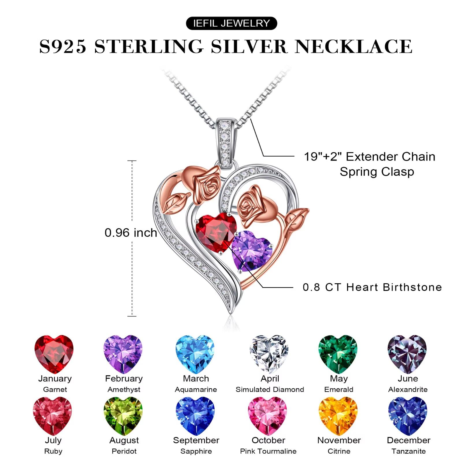 925 Sterling Silver Rose Heart Necklace with Birthstone - Romantic Valentines Day Gifts for Her, Anniversary & Birthday Jewelry for Women, Wife, Girlfriend - Perfect for Date Nights & Special Occasions