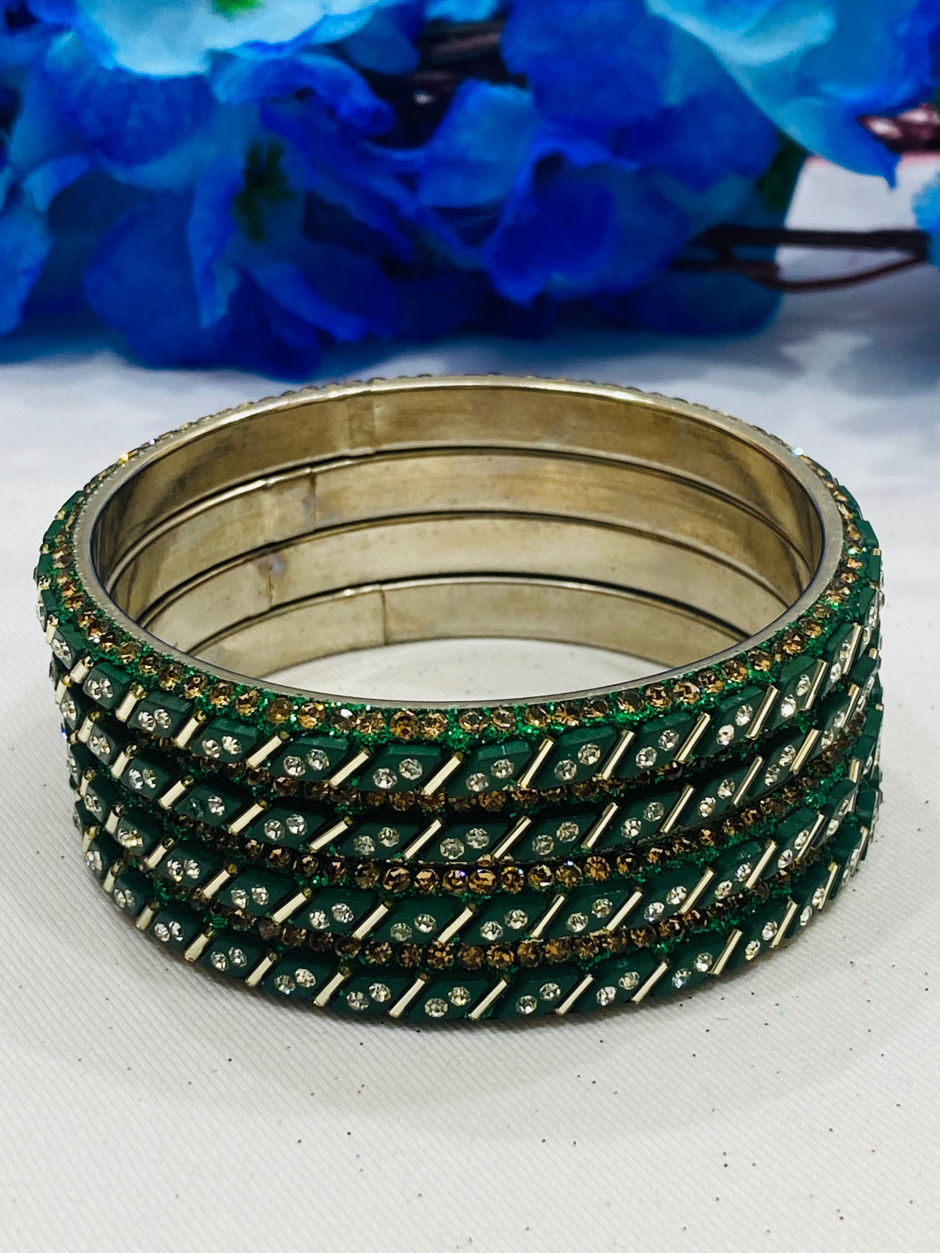 Elegant Green Metal Bangles with Sparkling White Stones for Women - Perfect for Parties, Weddings & Everyday Fashion Accessories