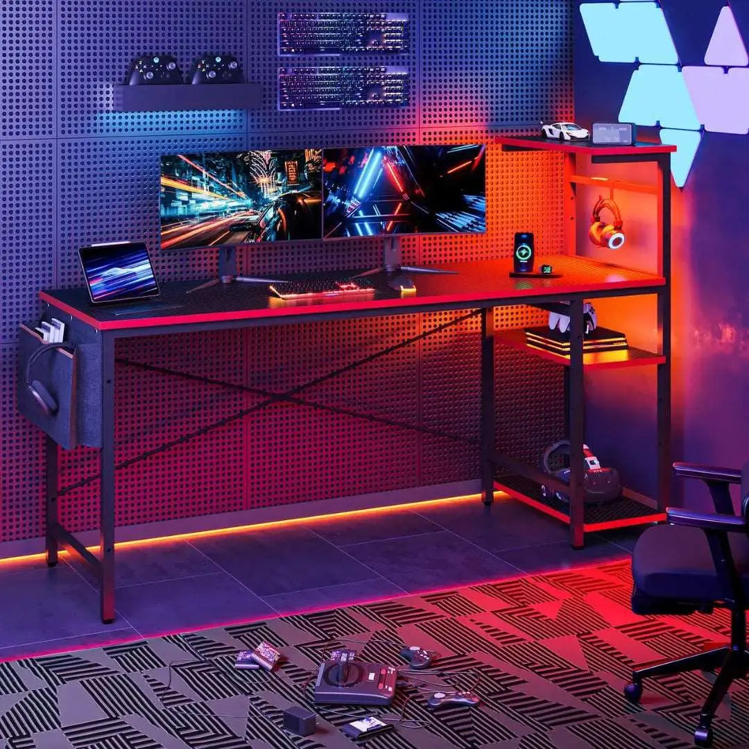 Bestier 61 Inch Large Gaming Desk with Shelves & Storage Bag - Sturdy Computer Desk for PC Gamers, Home Office Workstation with Ergonomic Design - Perfect for Gaming Setup, Streaming & Remote Work