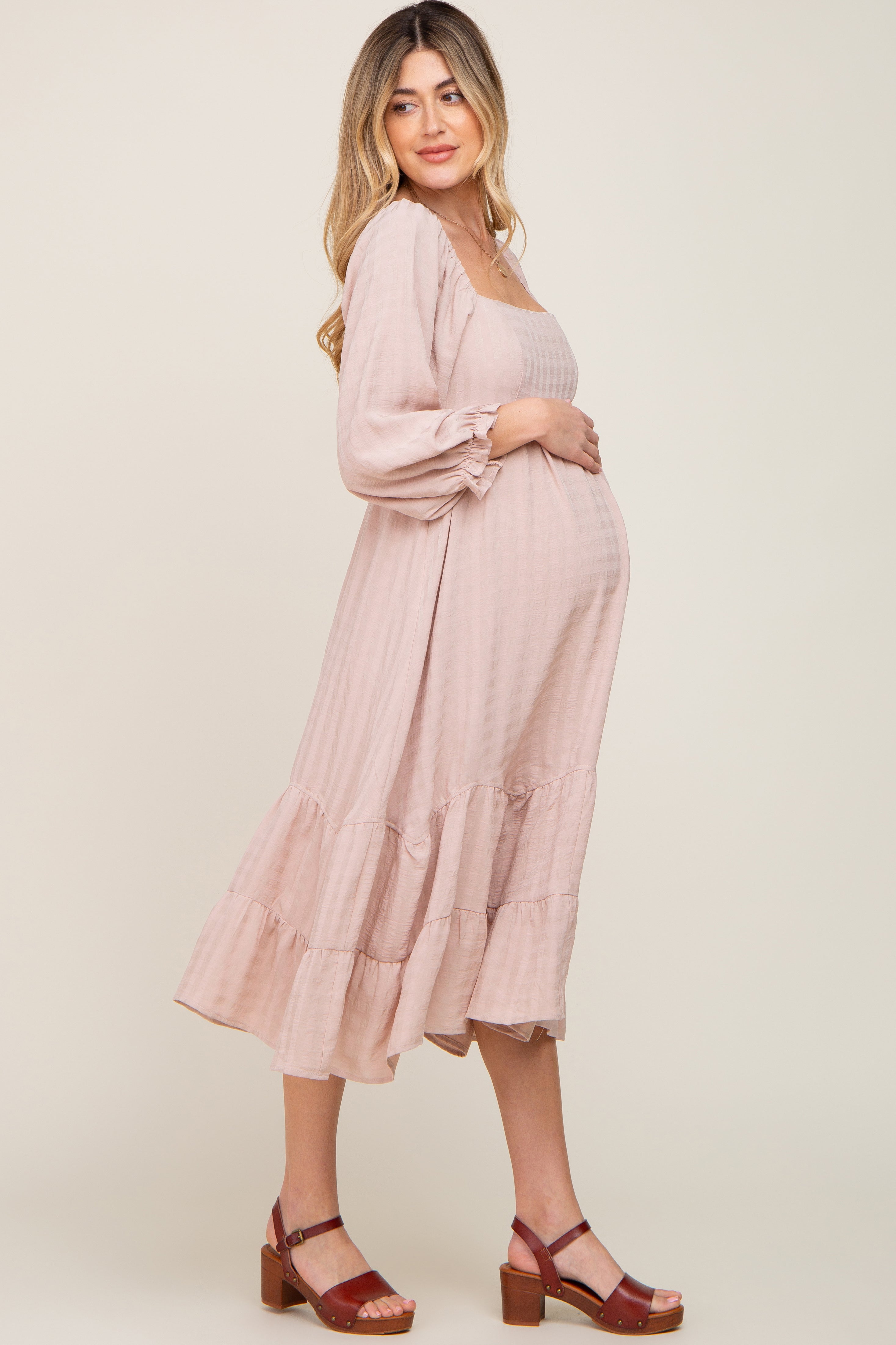 Beige Striped 3/4 Sleeve Cinched Waist Tiered Maternity Midi Dress for Pregnancy - Perfect for Baby Showers, Maternity Photos & Everyday Comfort
