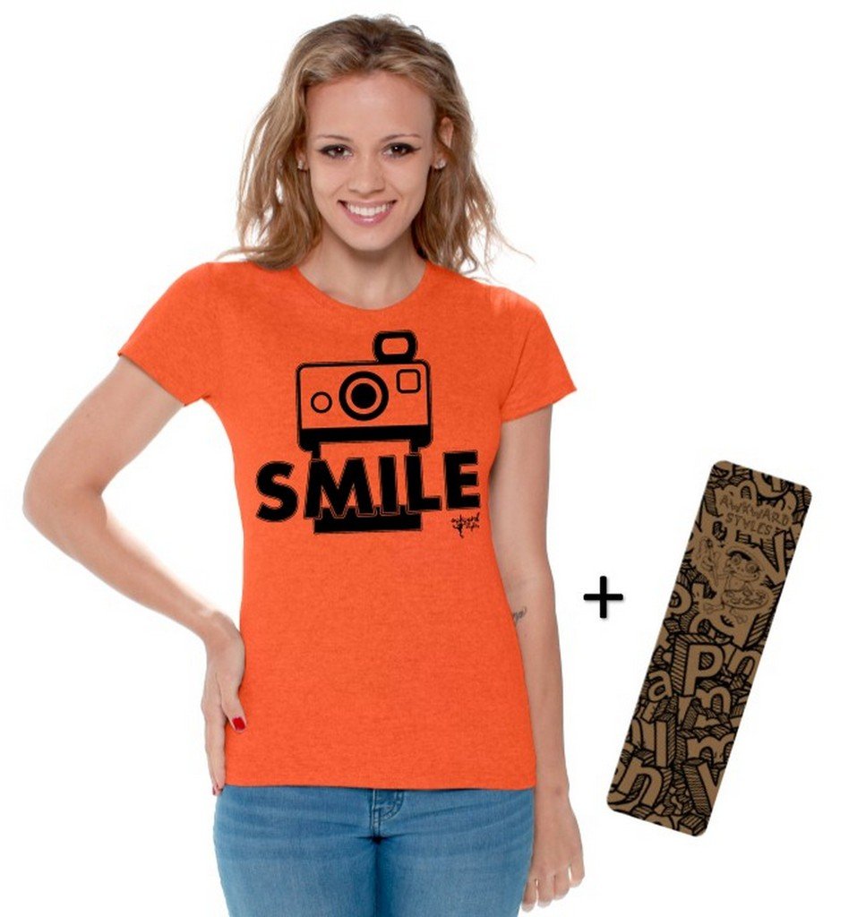 Awkwardstyles Women's Funny Smile Graphic T-Shirt - Black Casual Humor Tee with Free Bookmark - Perfect for Photographers, Comedy Lovers & Everyday Wear
