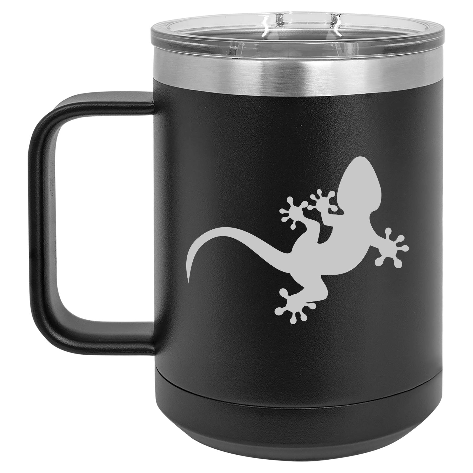 15 oz Vacuum Insulated Stainless Steel Tumbler with Handle & Lid - Leakproof Travel Coffee Mug for Hot/Cold Drinks - Gecko Lizard Design (Black) - Perfect for Commuting, Camping & Office Use