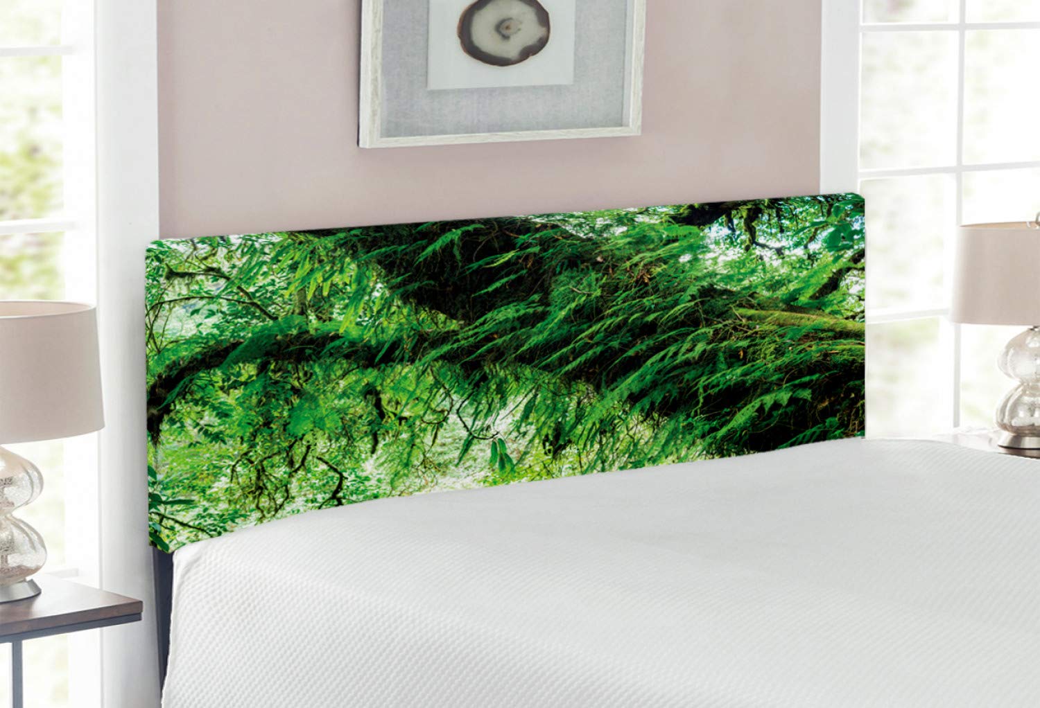 Ambesonne Rainforest Upholstered Headboard - Tropical Jungle Spring Theme with Memory Foam, Full Size Bed Frame in Green & Brown | Perfect for Bedroom Decor, Nature-Inspired Relaxation & Cozy Home Atmosphere
