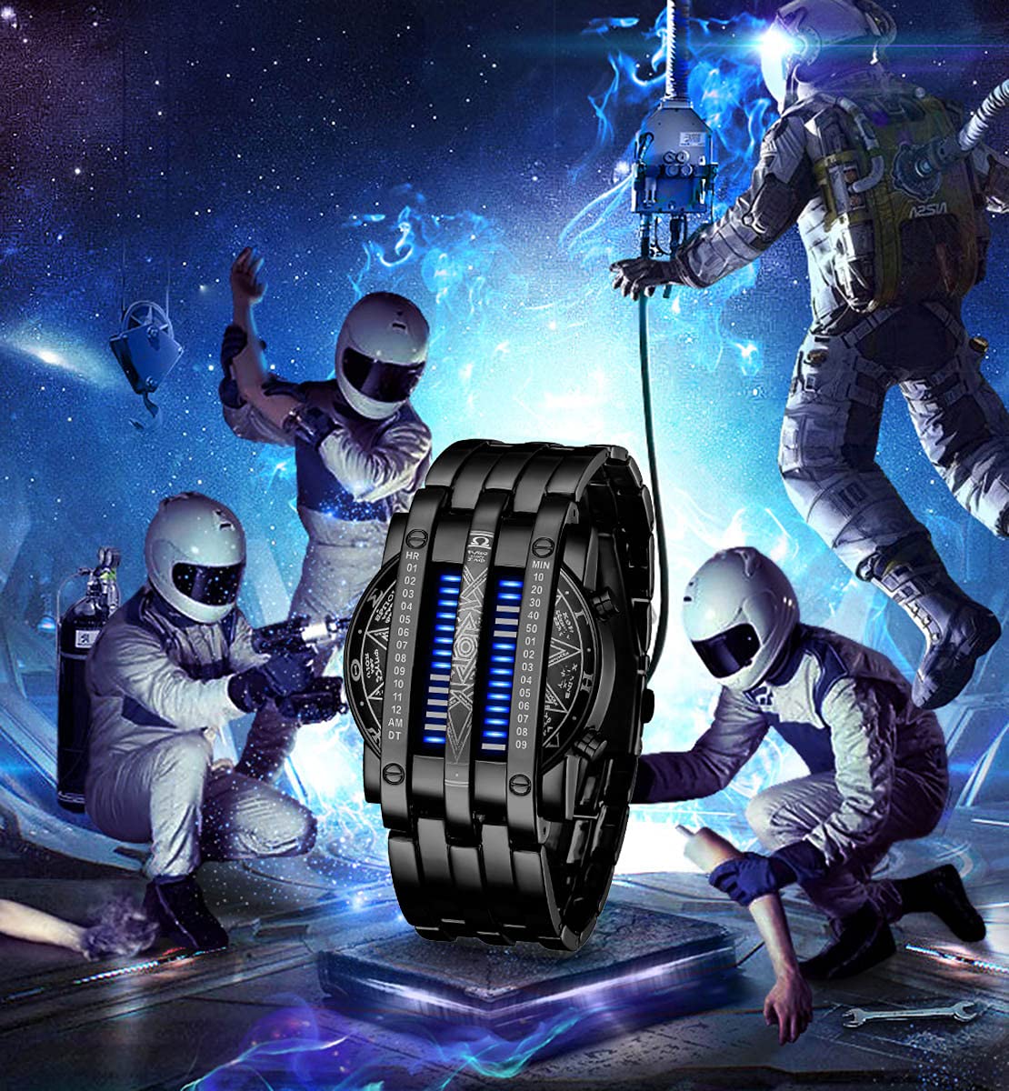 Binary Matrix Blue LED Digital Watch for Men - Classic Creative Fashion Black Plated Wristwatch | Perfect for Casual Wear, Office & Night Out