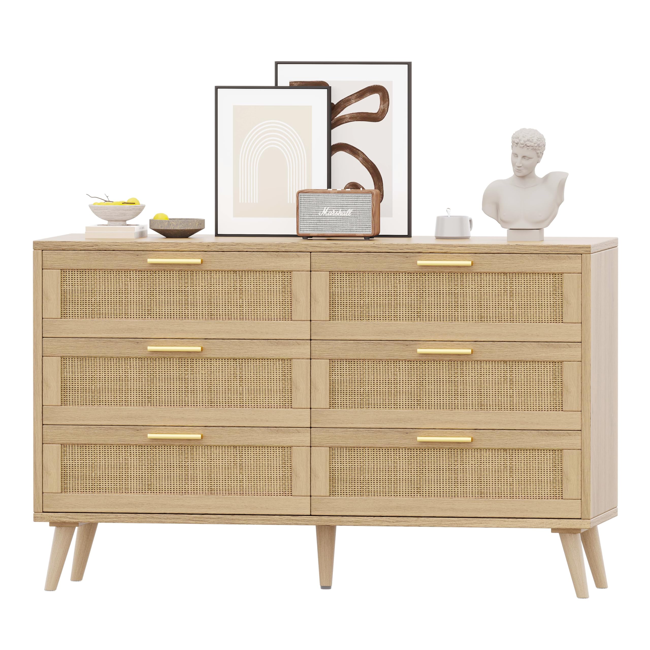 Rovaurx 6-Drawer Double Dresser for Bedroom - Modern Rattan Wooden Chest with Gold Handles, Storage Organizer for Closet, Living Room & Entryway - Natural Finish | Perfect for Bedroom Storage, Guest Room Furniture & Home Organization