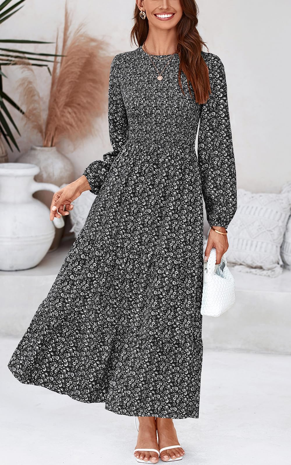 PRETTYGARDEN Women's Floral Maxi Dress Long Sleeve Smocked Tiered Midi Dress - Spring Summer Casual Flowy Dress with Crew Neck for Women | Perfect for Beach Vacation, Date Night & Outdoor Parties